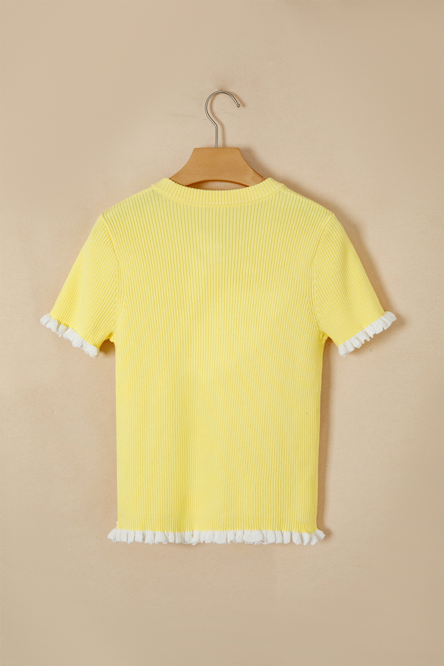 Yellow Ribbed Knit Contrast Trim Frilled Short Sleeve Cardigan