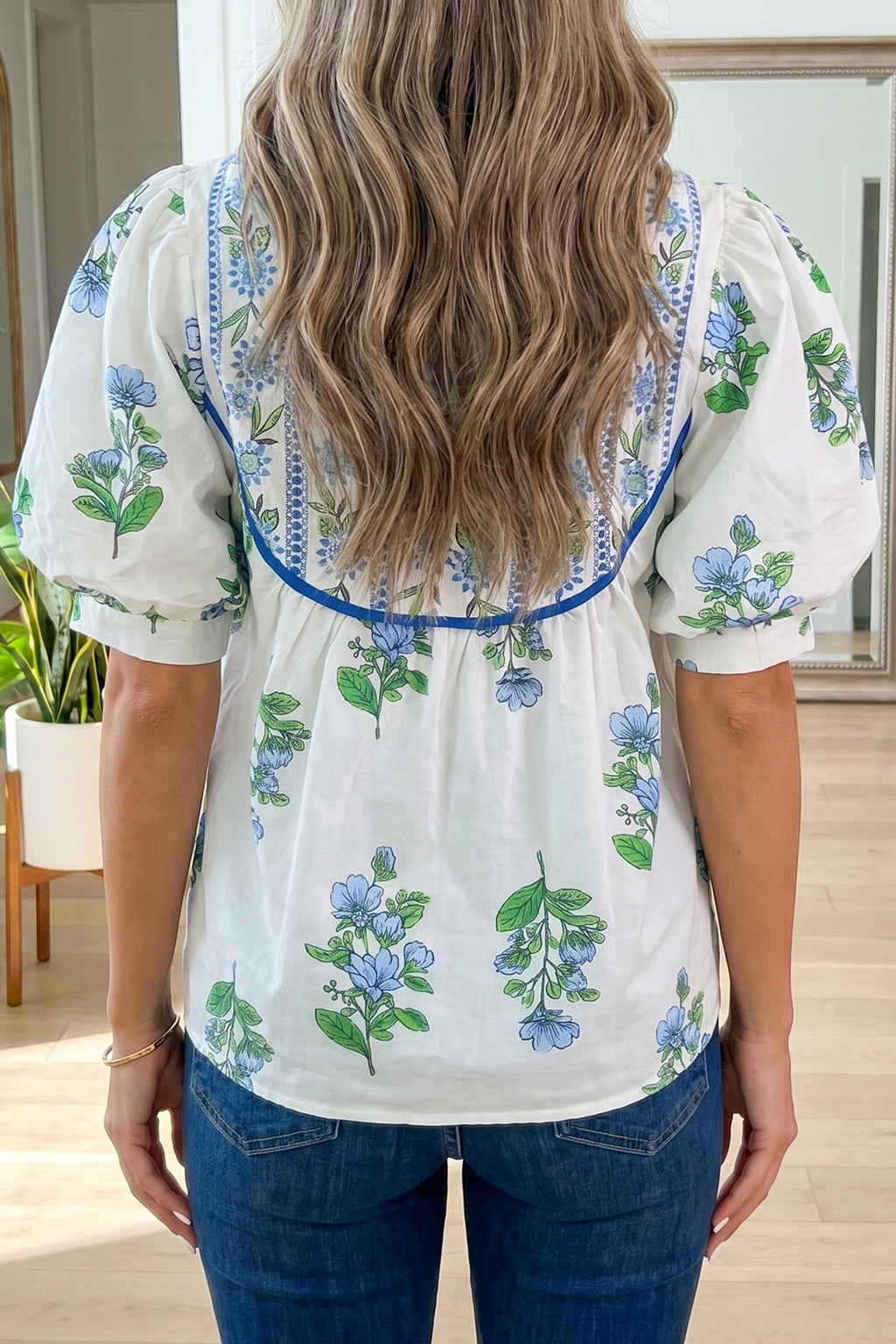 White Floral Contrast Trim Tie Neck Puff Sleeve Blouse