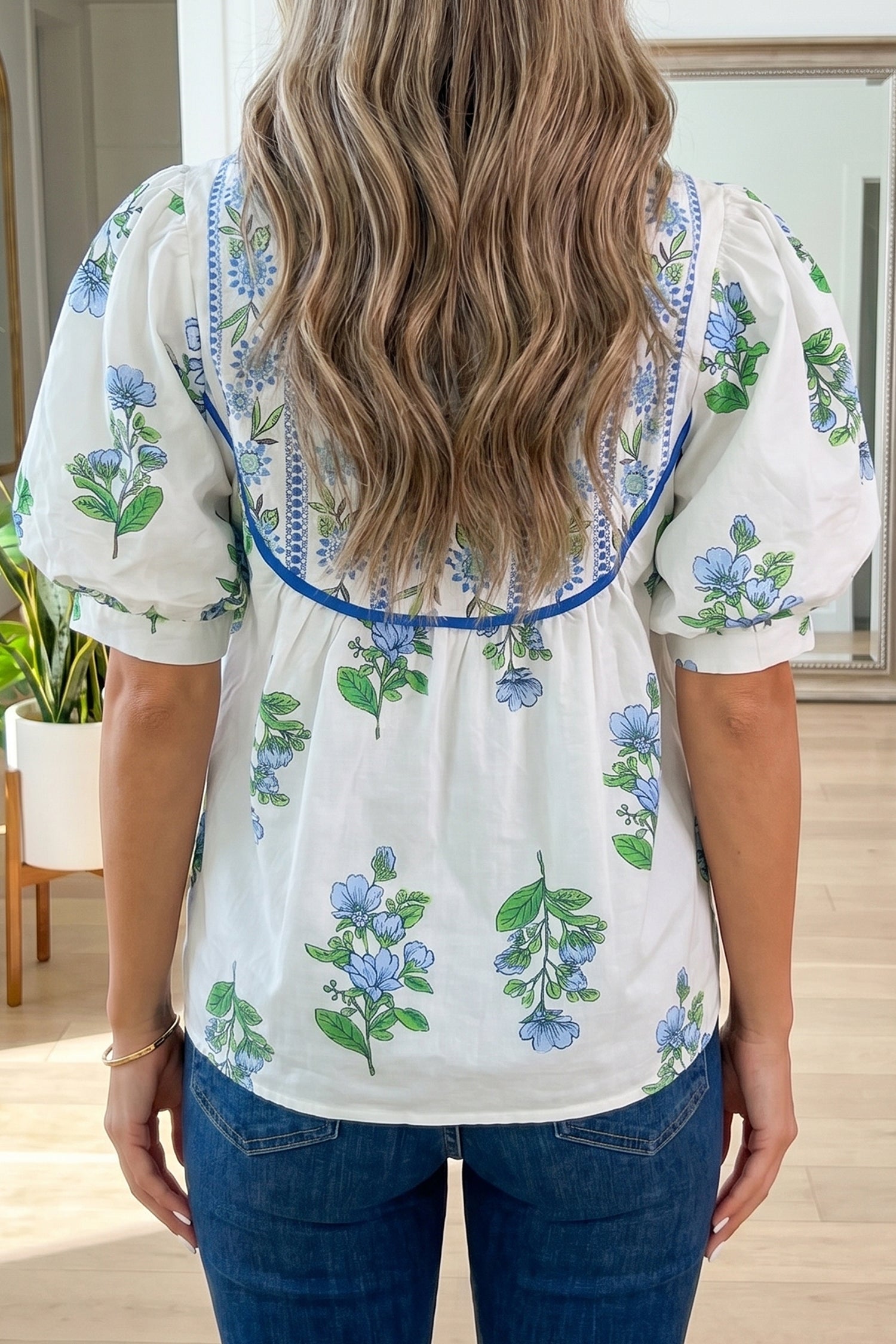 White Floral Contrast Trim Tie Neck Puff Sleeve Blouse