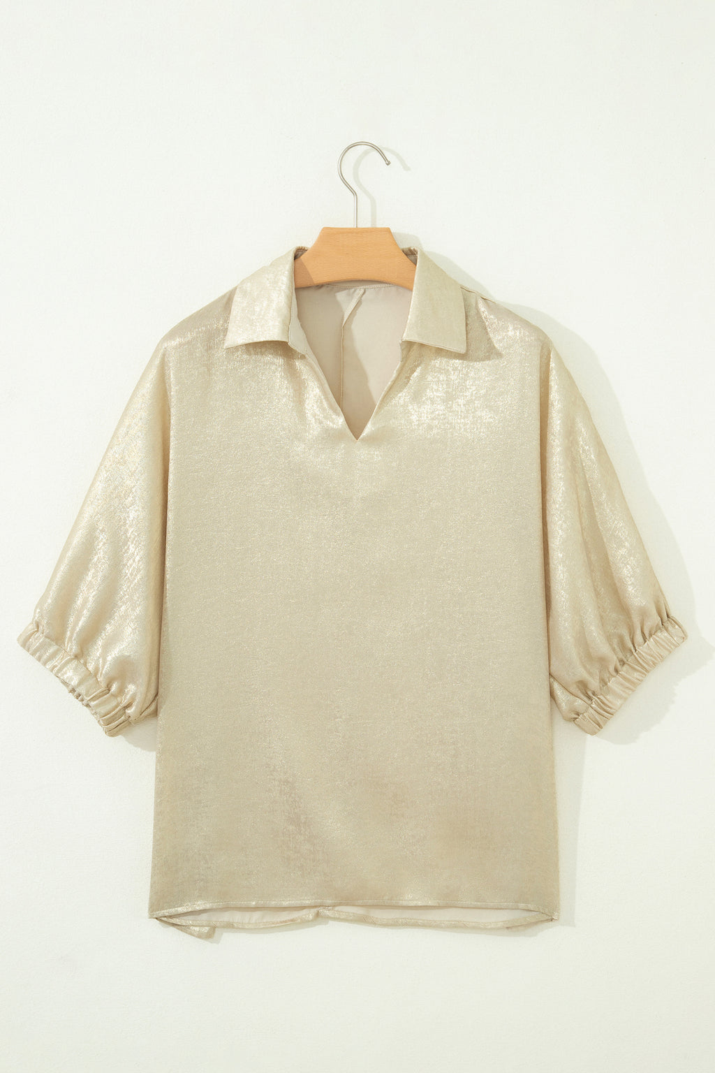 Aqua Metallic Shimmer Collared V Neck Half Sleeve Top