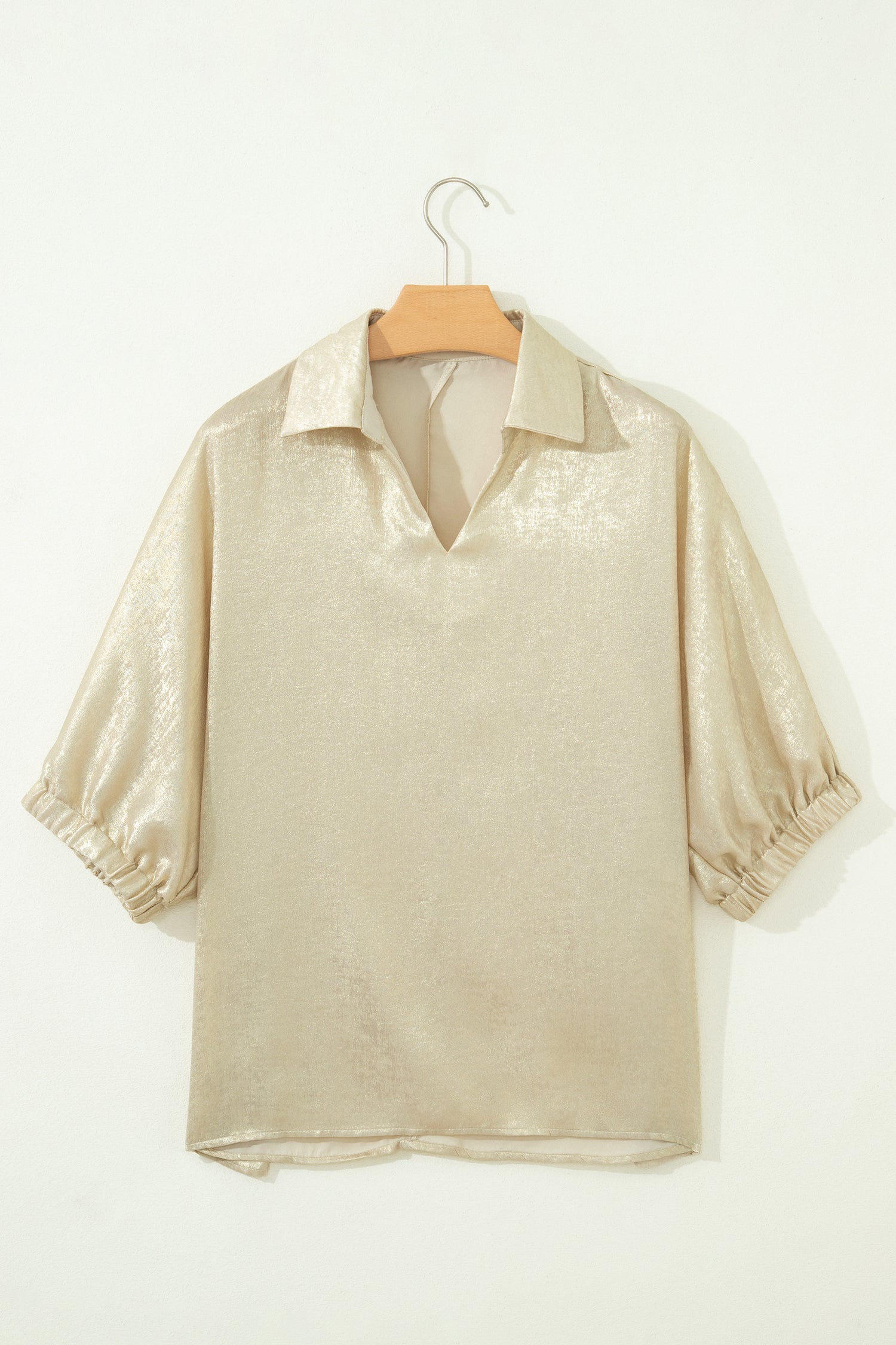 Aqua Metallic Shimmer Collared V Neck Half Sleeve Top