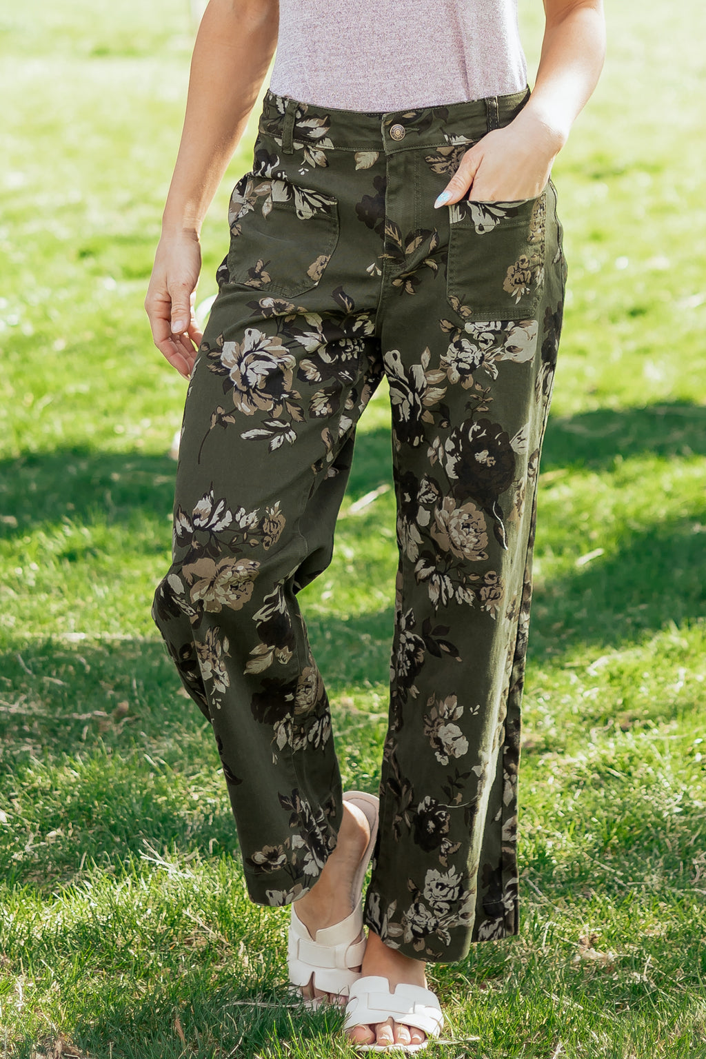 Green Vintage Floral Print Shift Jeans Square Patch Pocket Raw Hem UK 4-16