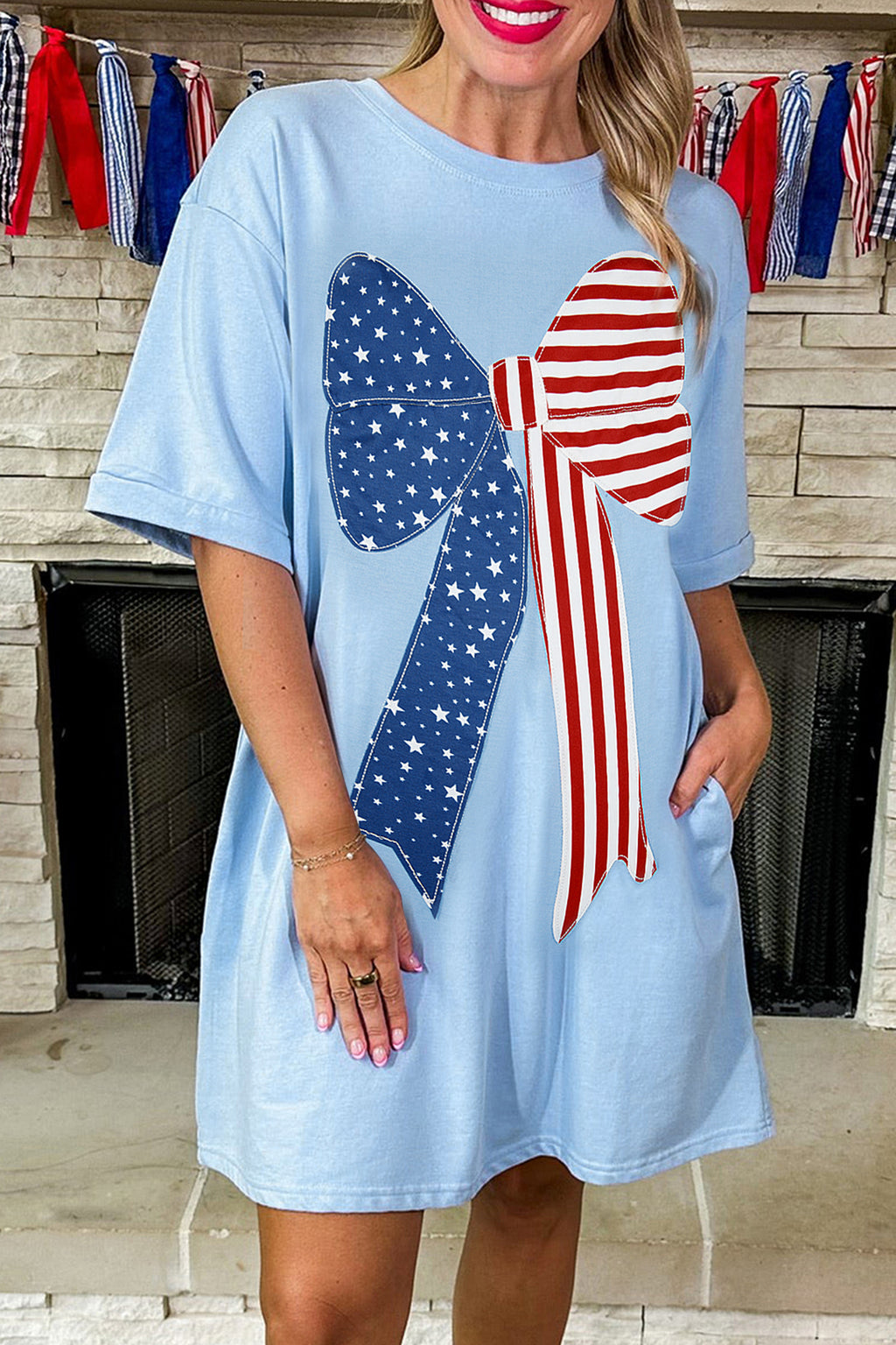 Blue Patriotic Big Bow Stitched T-Shirt Shift Mini Dress S-XL