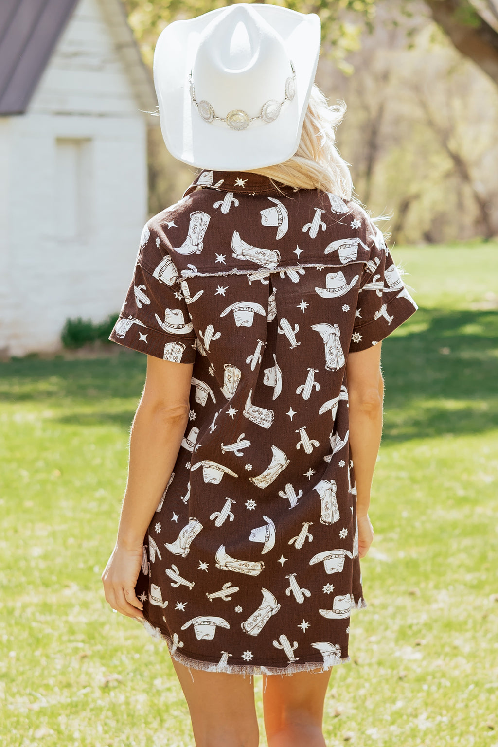Brown Western Cowgirl Print Raw Edge Button-Down Denim Mini Dress