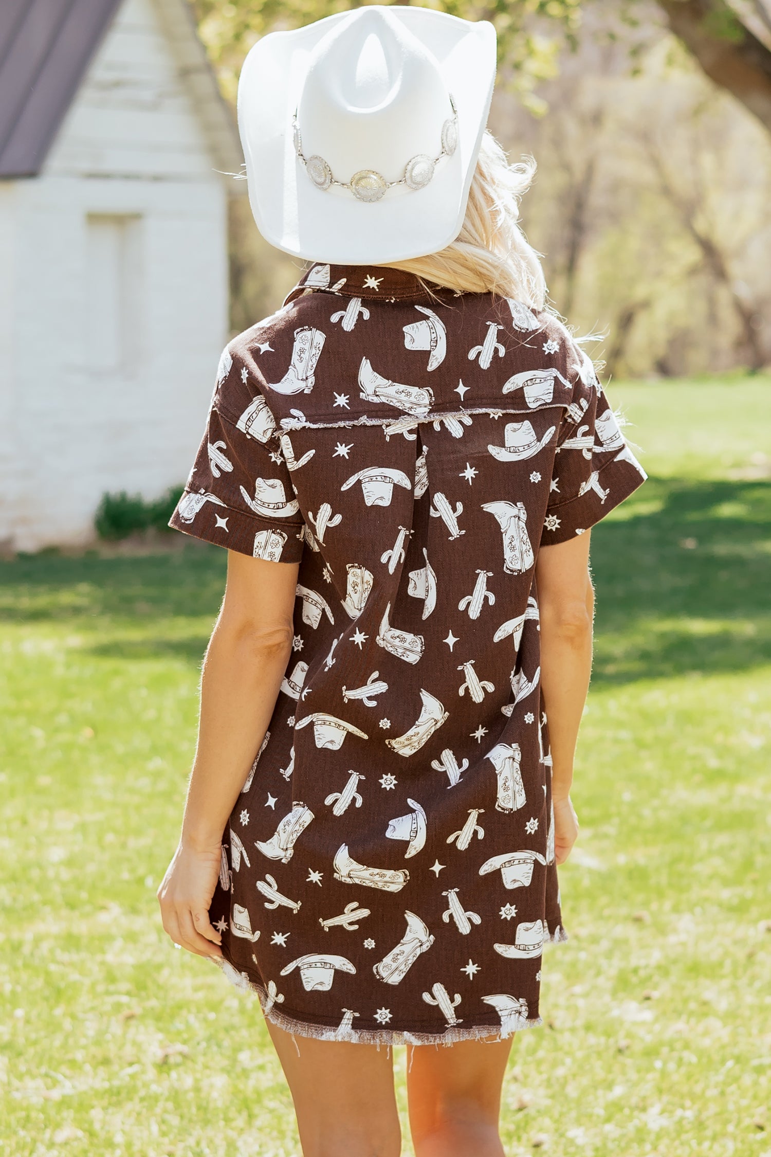 Brown Western Cowgirl Print Raw Edge Button-Down Denim Mini Dress