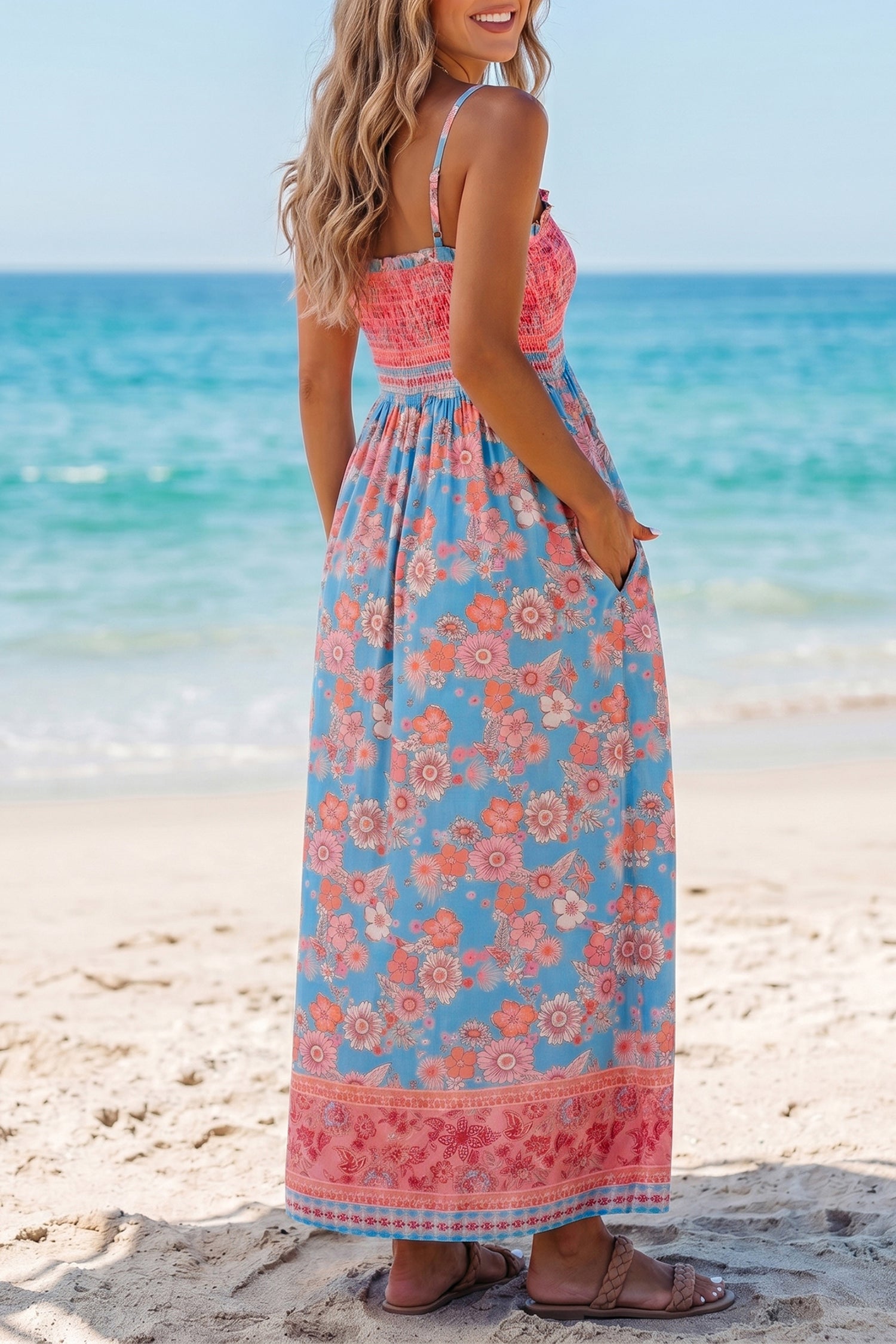 Sky Blue Bohemian Ethnic Print Spaghetti Strap Vacation Maxi Dress S-XL