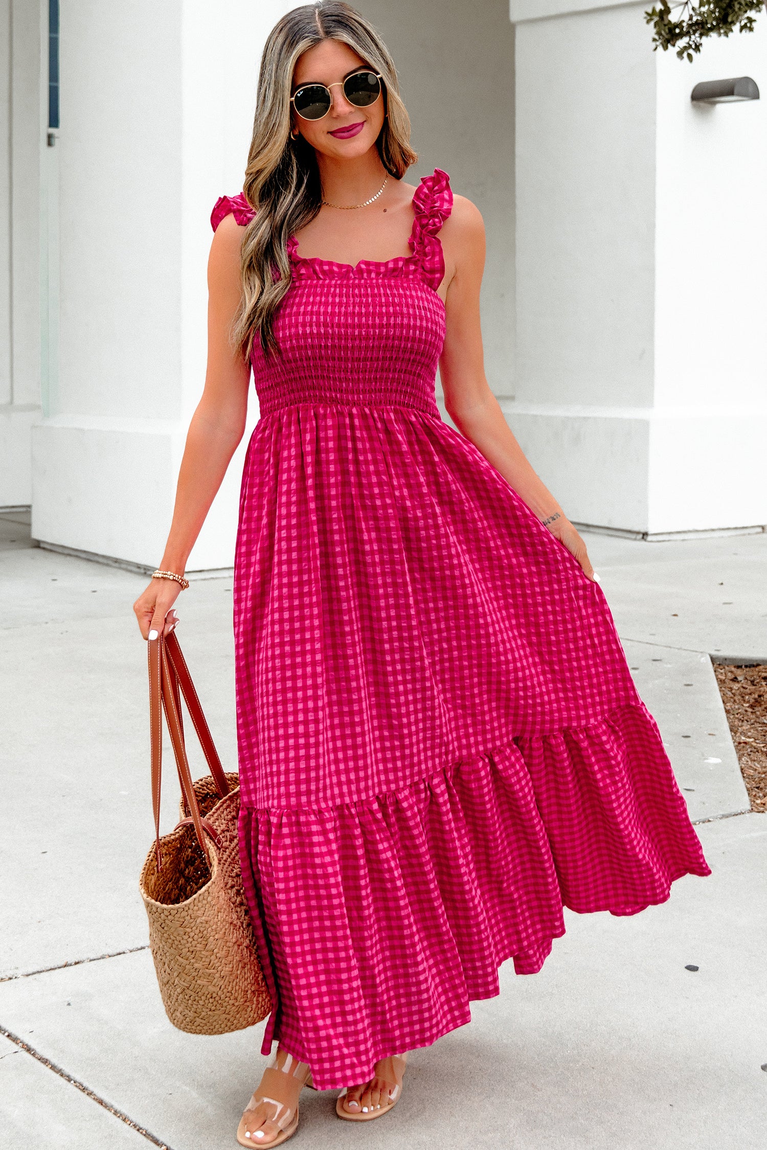 Red Plaid Fit & Flare Sundress Square Neck Vacation Women S-XL