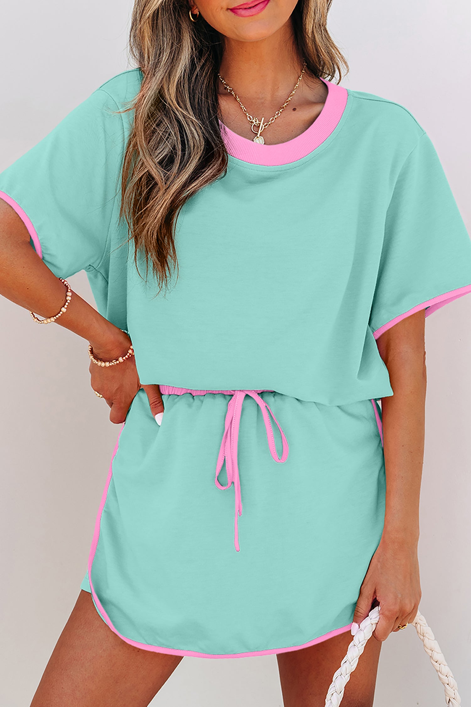 Colourblock Drop Shoulder T-Shirt & Skort 2-Piece Set Beige Black Green
