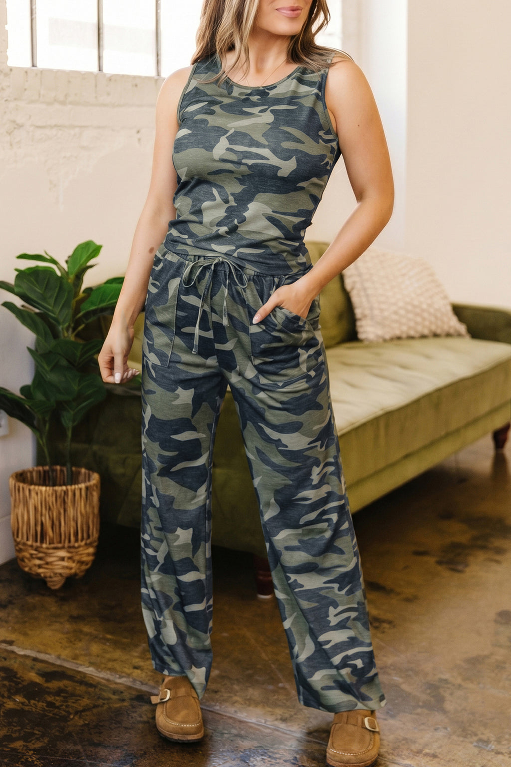 Green Camo Sleeveless Tank & Drawstring Trouser Co-ord Set