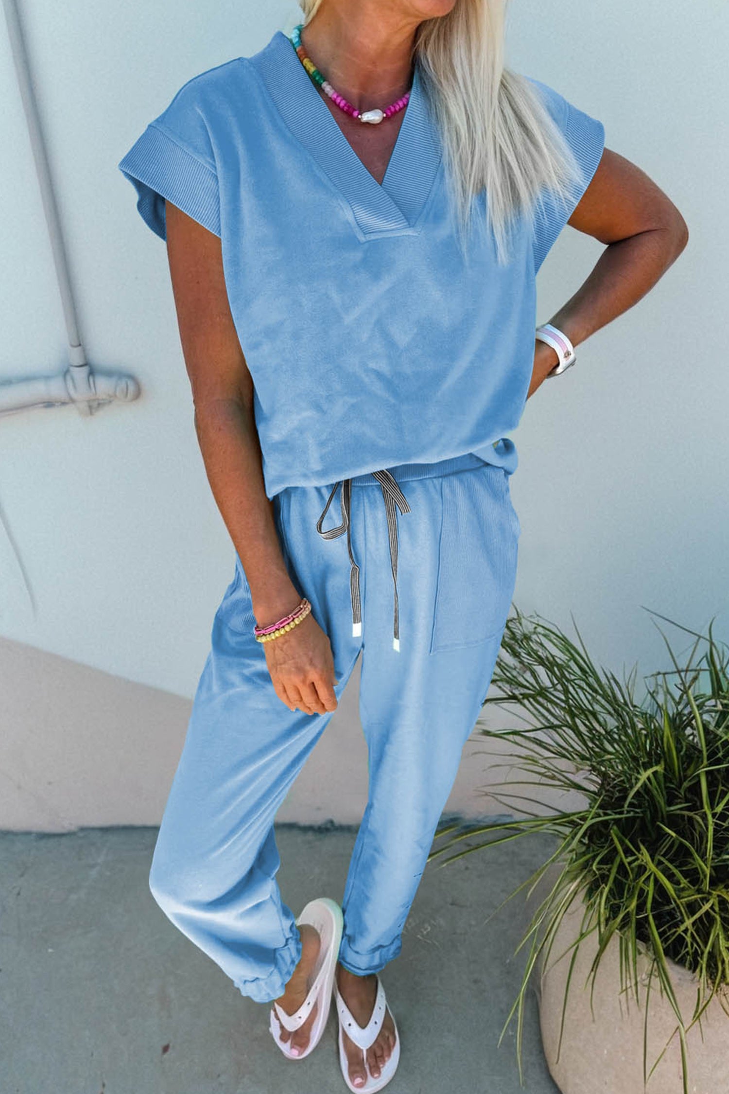 V-Neck Tee & Drawstring Pant Set | Apricot Pink, Mint Green, Bonbon & Beau Blue