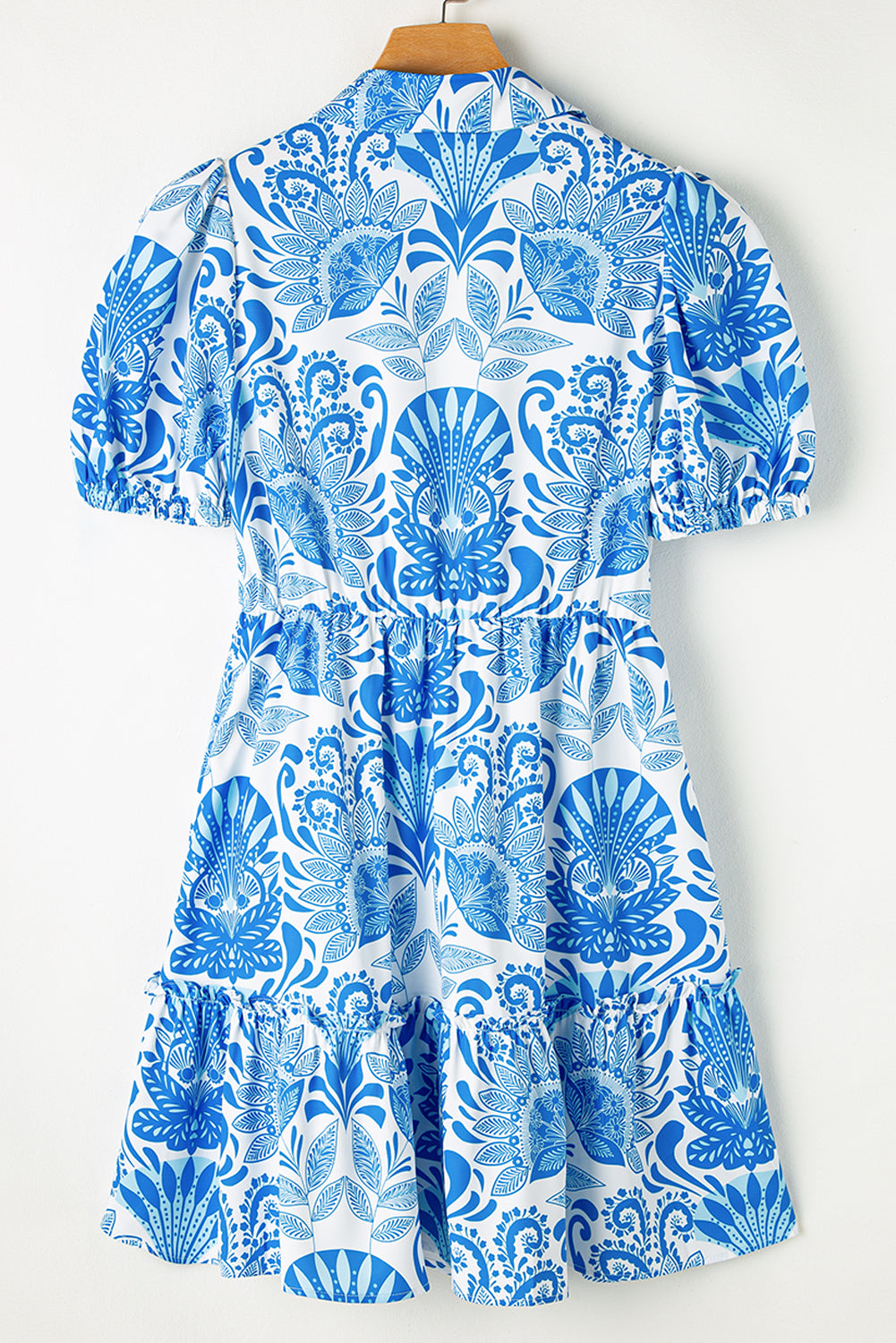 Women's Sky Blue Retro Floral Print Drawstring Waist Ruffled Mini Dress at LivelyLooks