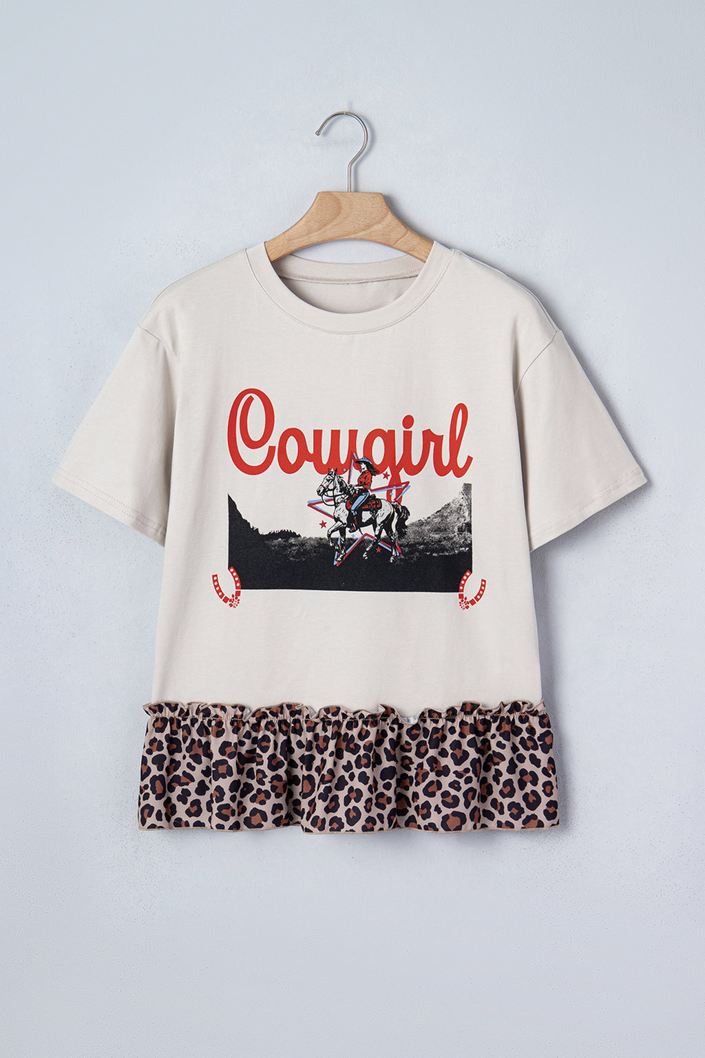 LivelyLooks White Retro Cowgirl Print Leopard Ruffle Hem Patchwork T-Shirt women's fashion