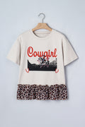 LivelyLooks White Retro Cowgirl Print Leopard Ruffle Hem Patchwork T-Shirt women's fashion