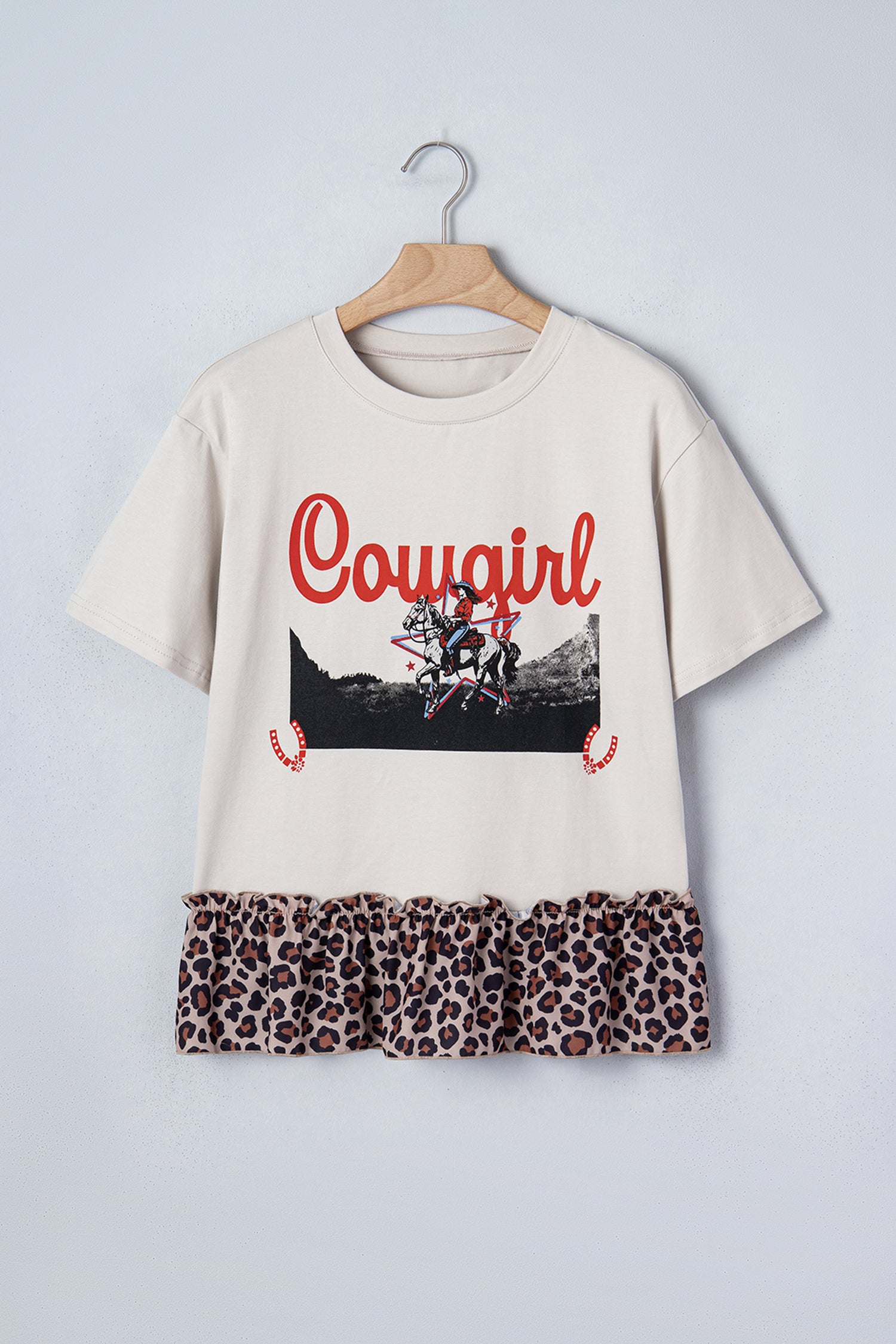 LivelyLooks White Retro Cowgirl Print Leopard Ruffle Hem Patchwork T-Shirt women's fashion