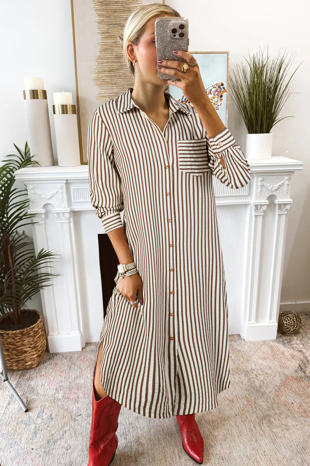 Brown Stripe Textured Midi Shirt Dress 3/4 Sleeve Round Hem Split Women S-XL