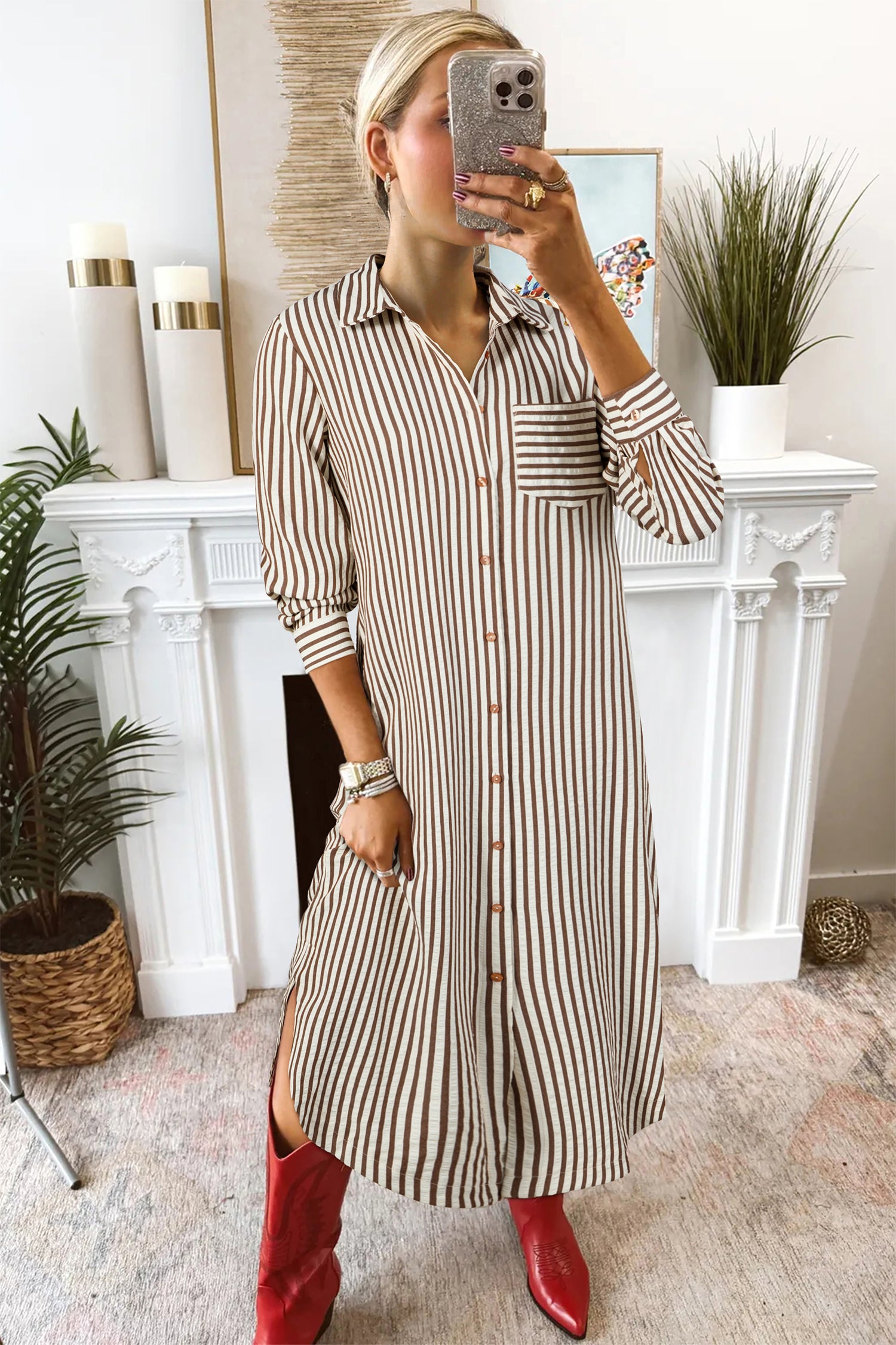 Brown Stripe Textured Midi Shirt Dress 3/4 Sleeve Round Hem Split Women S-XL