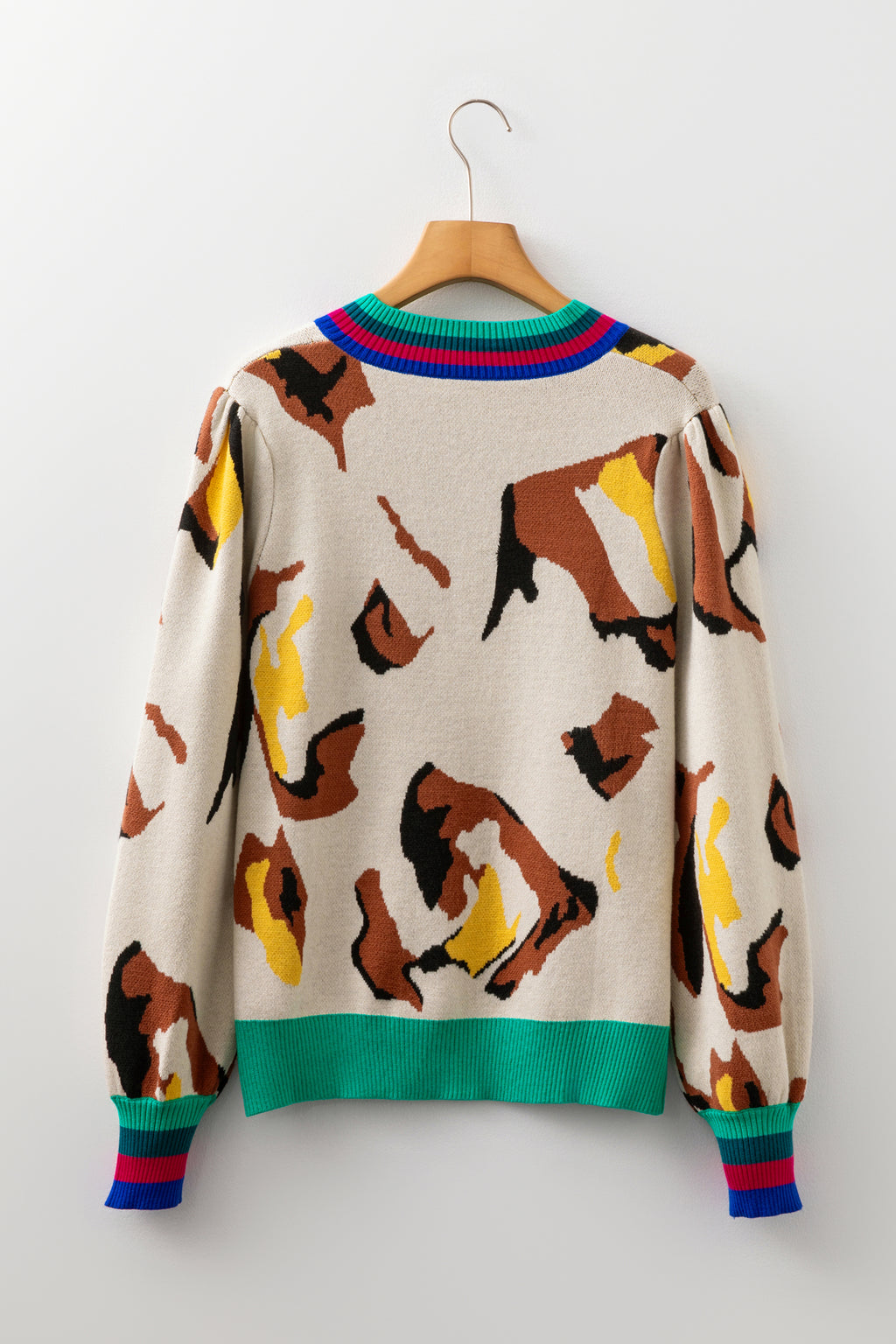 Women's Apricot Contrast Ribbed Stripes Detail Animal Pattern Knit Sweater at LivelyLooks
