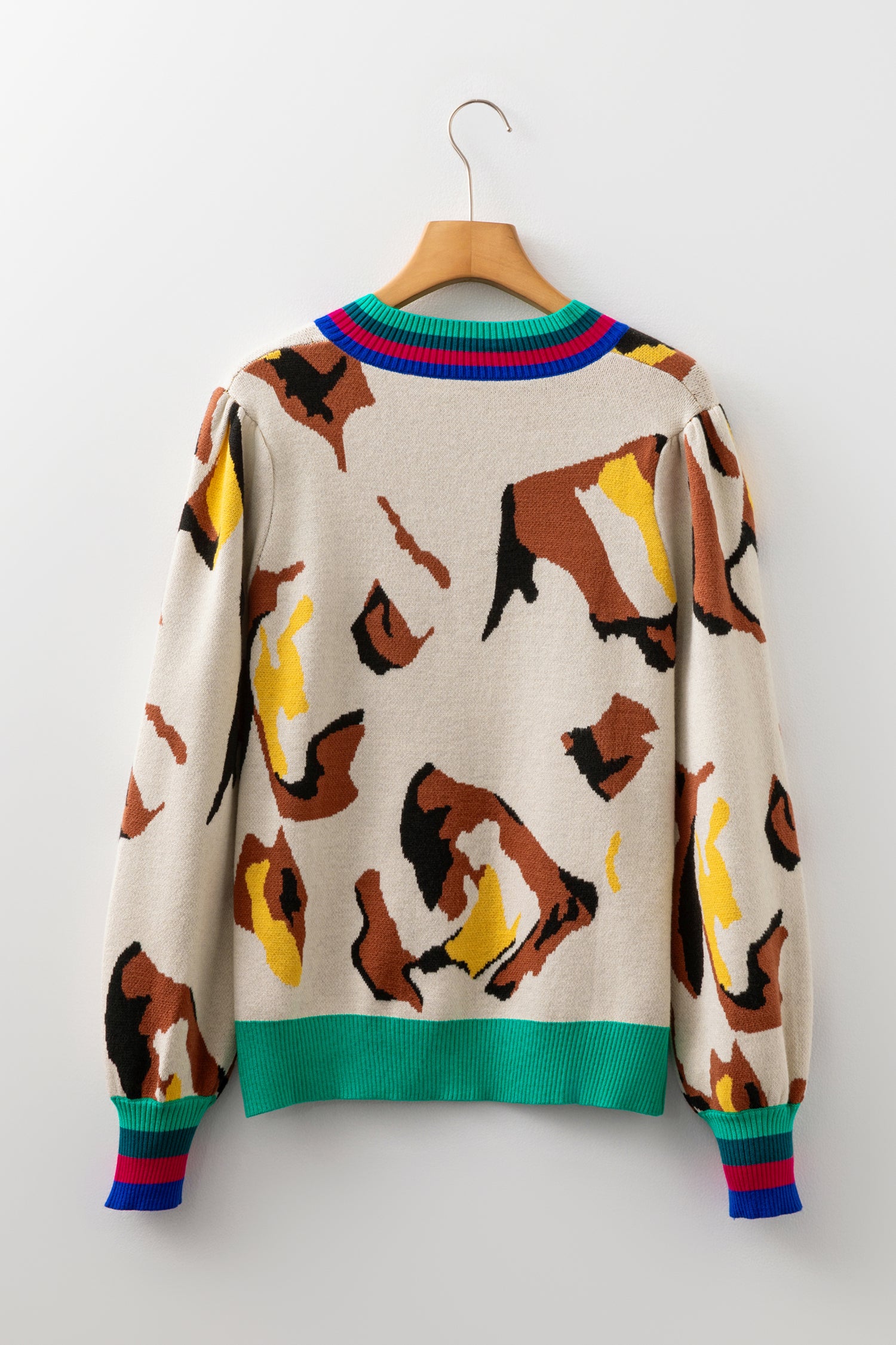 Women's Apricot Contrast Ribbed Stripes Detail Animal Pattern Knit Sweater at LivelyLooks