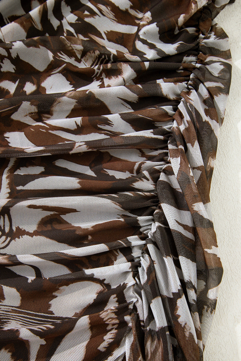 Brown Abstract Print Mesh Cowl Neck Ruched Midi Dress with Slit S-XL