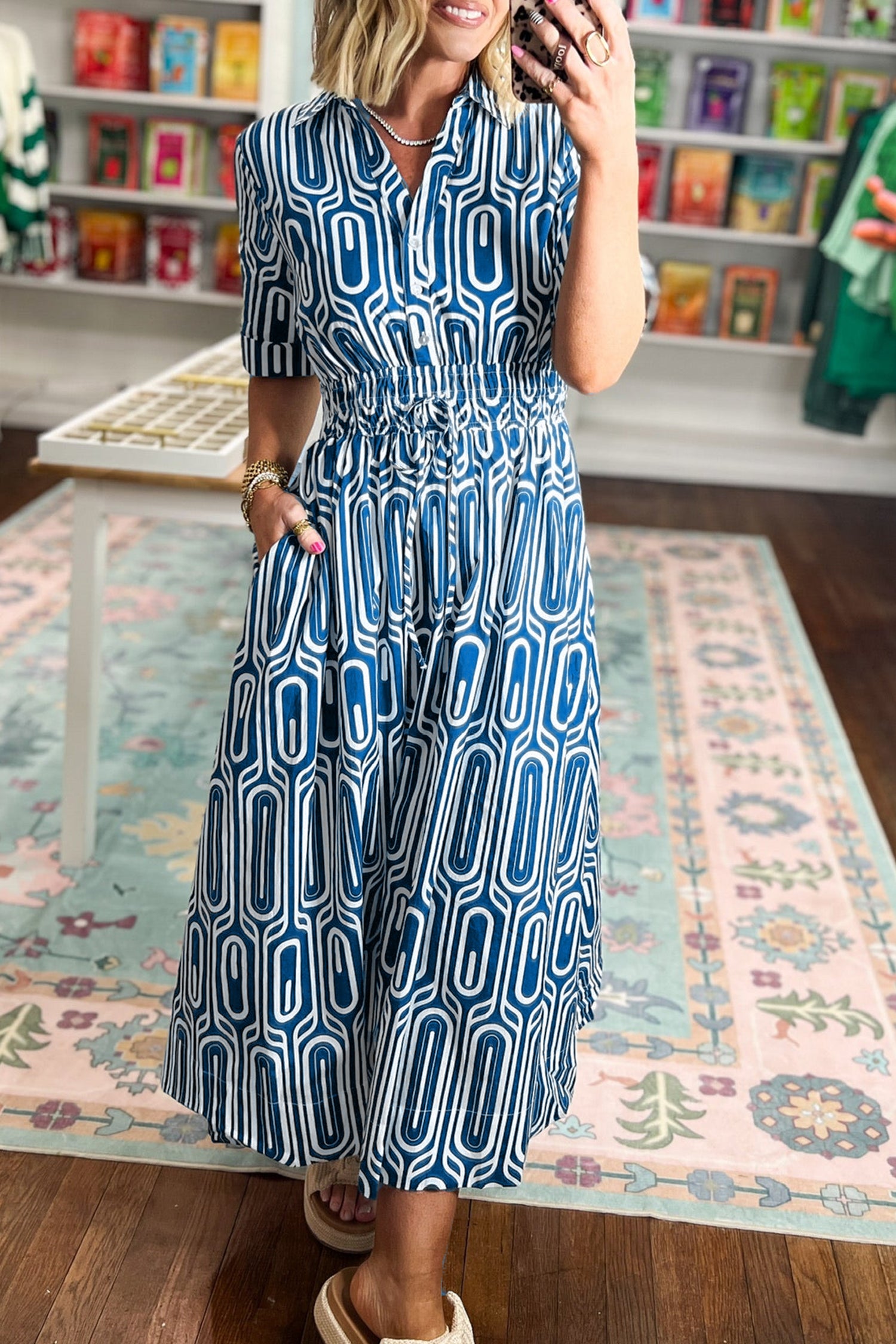 Blue Geometric Print Short Sleeve Drawstring Shirt Collar Maxi Dress | UK 8–22