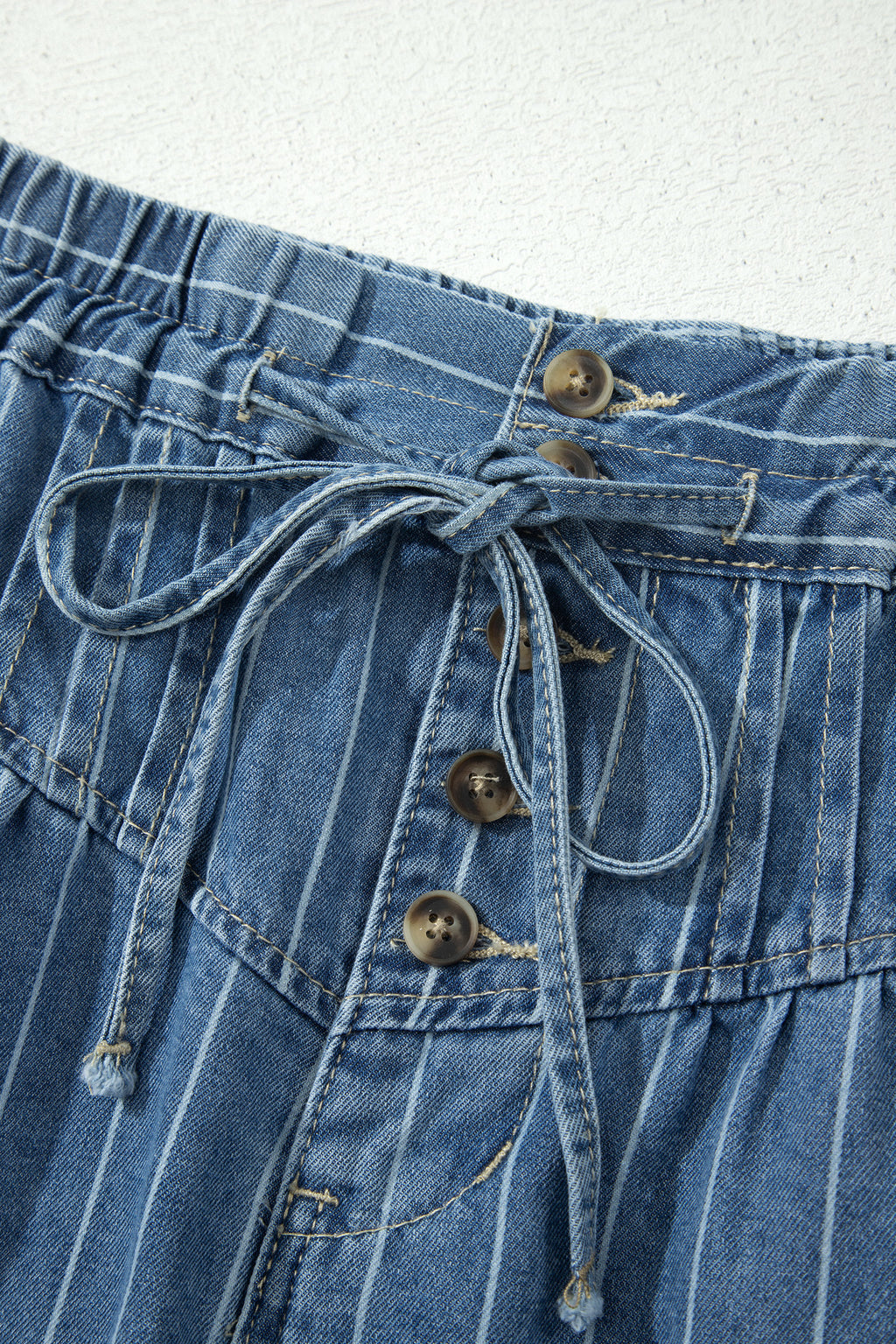 Sky Blue Stripe Pintuck High Waist Drawstring Denim Midi Skirt