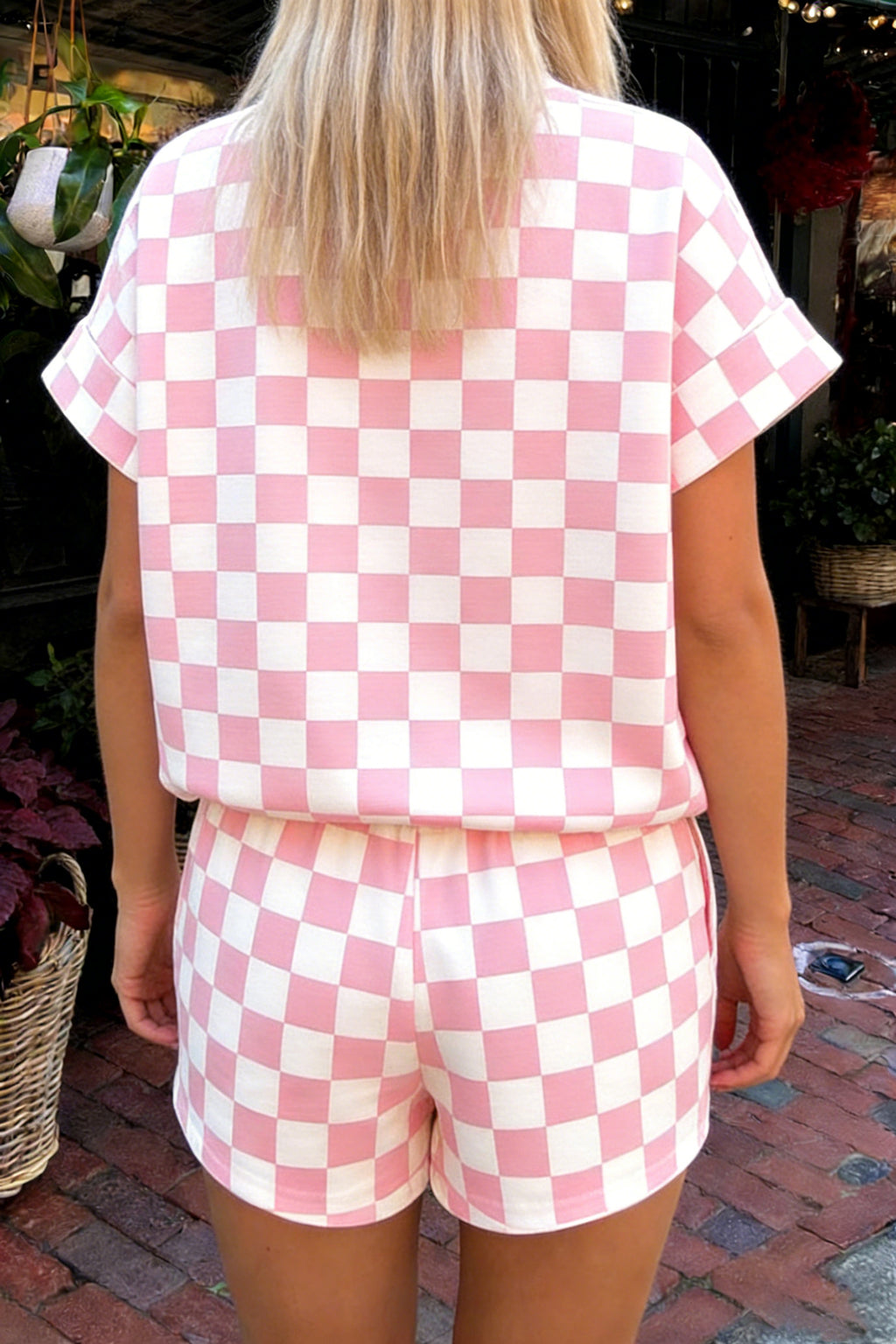Shop Pink Checkered Print Colour Block Trim Mock Neck Short Set Two Piece Co-ord PJ at LivelyLooks
