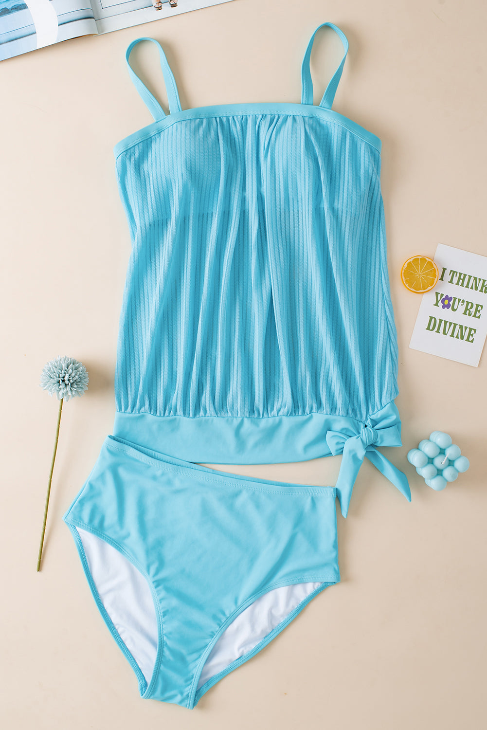 LivelyLooks Turquoise Striped Mesh Knotted Hem Tankini Swimsuit S-2XL women's fashion