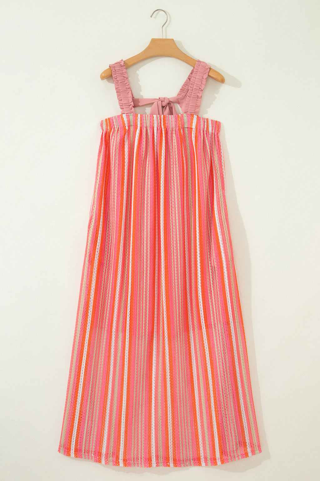 LivelyLooks Pink Stripe Maxi Dress Ruffled Straps Ribbon Knot Boho S-XL women's fashion