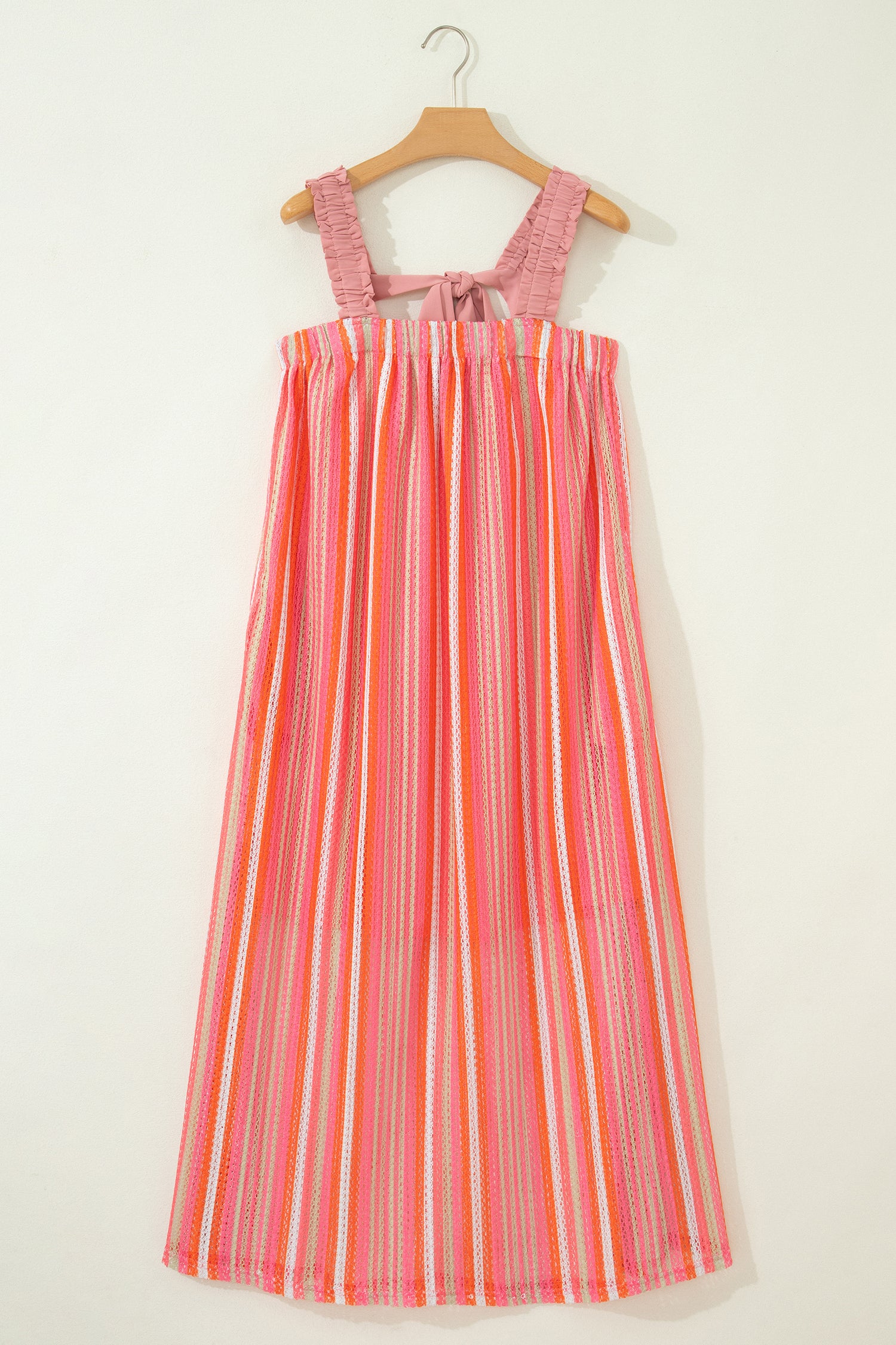 LivelyLooks Pink Stripe Maxi Dress Ruffled Straps Ribbon Knot Boho S-XL women's fashion