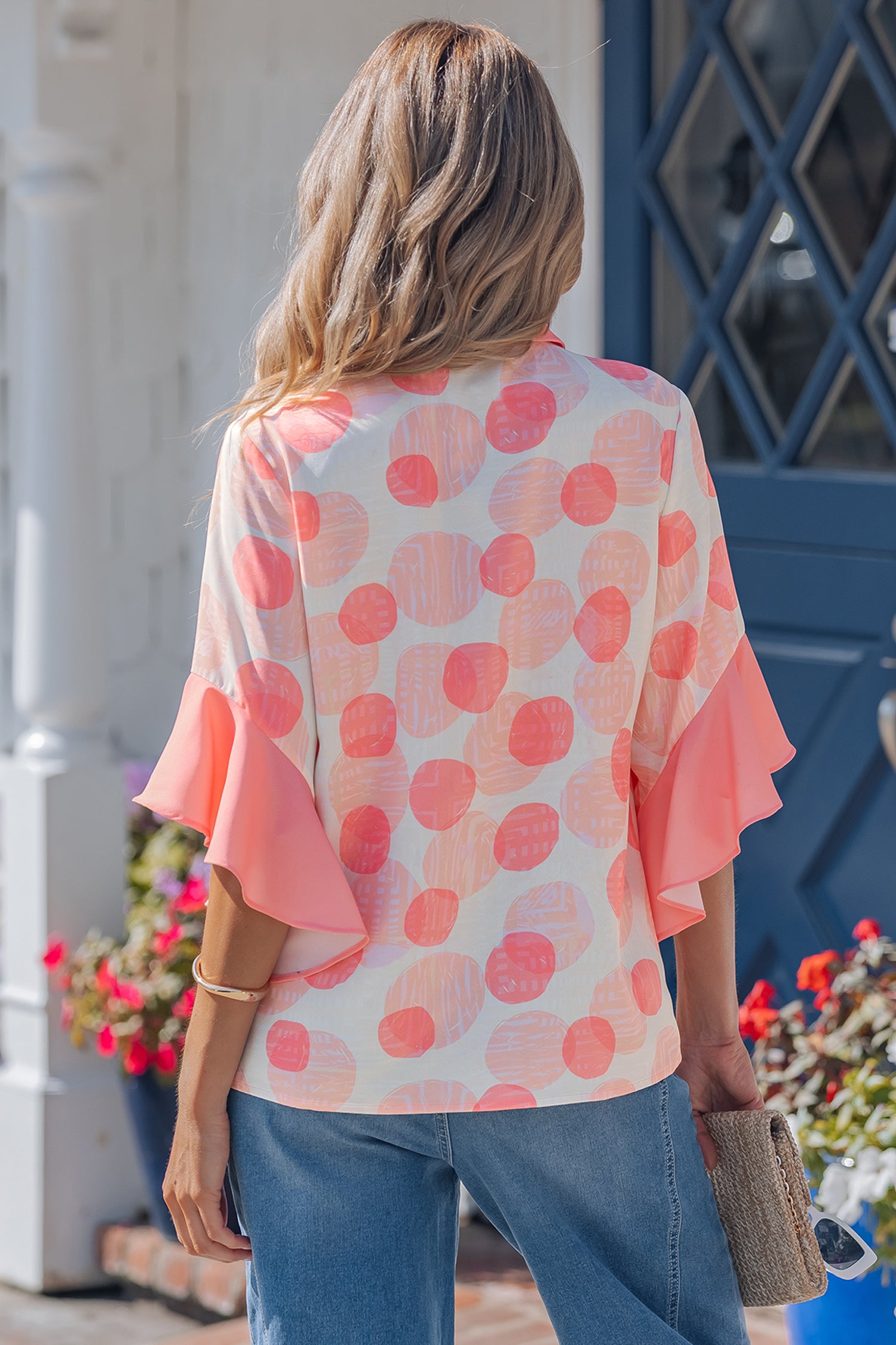 Shop Pink Polka Dot Babydoll Shirt Ruffle Trim Short Sleeve S-XL at LivelyLooks