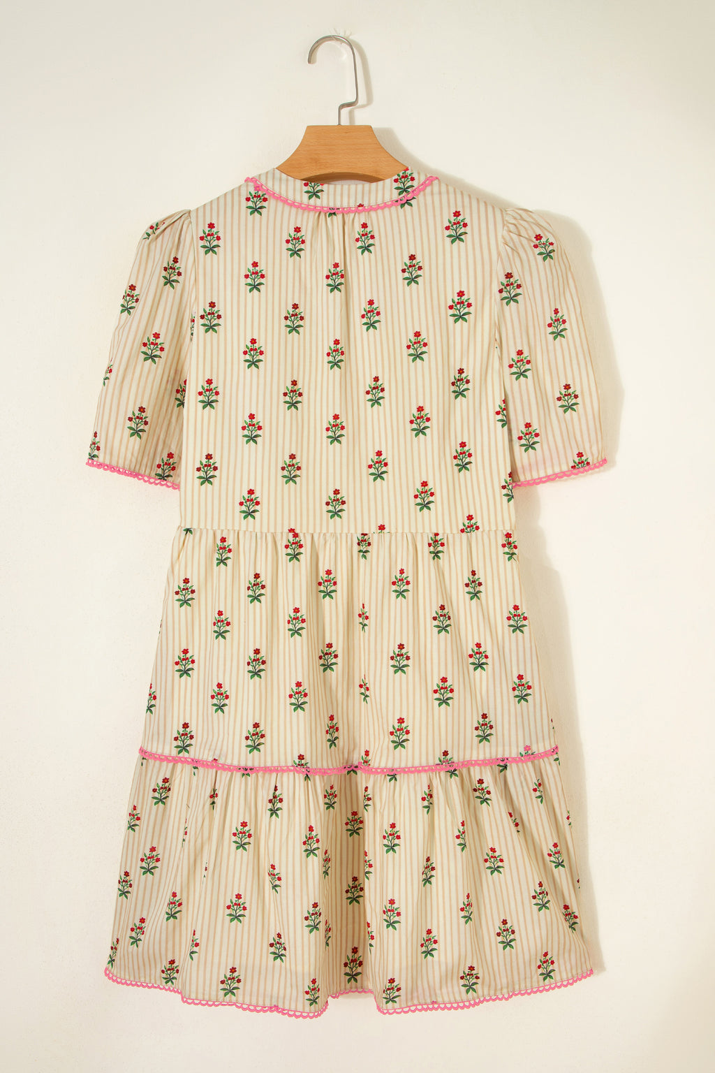 Apricot Striped Floral Contrast Detail Ruffle Hem Short Dress S-XL
