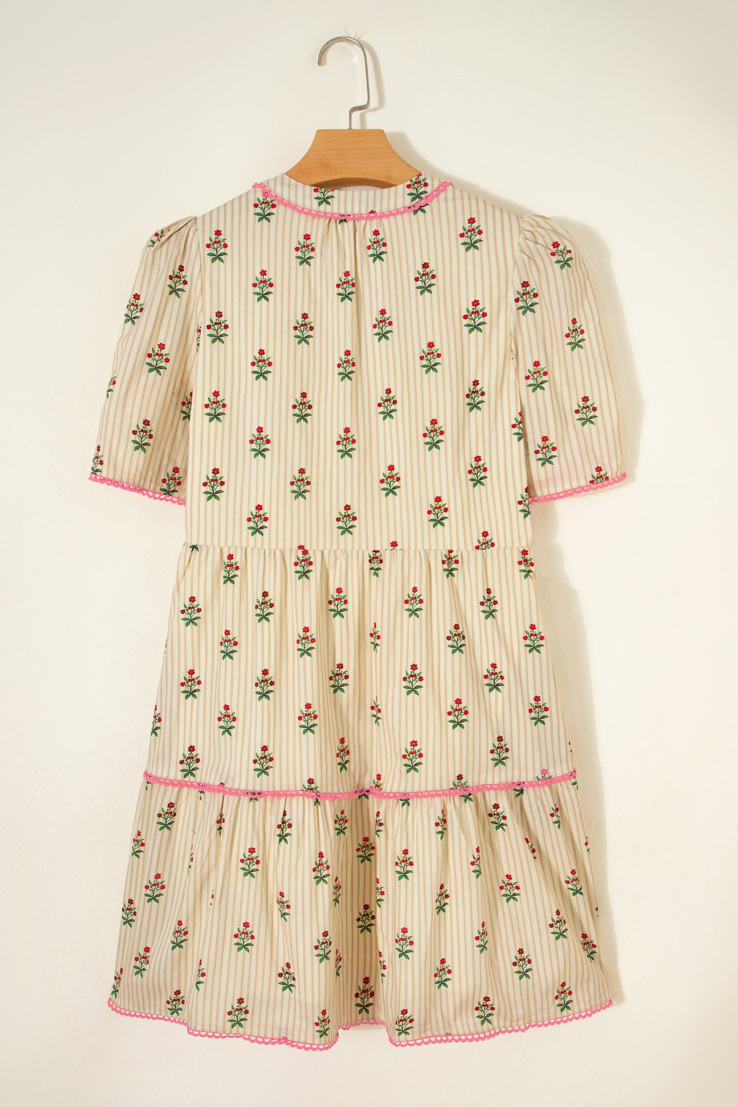 Apricot Striped Floral Contrast Detail Ruffle Hem Short Dress S-XL