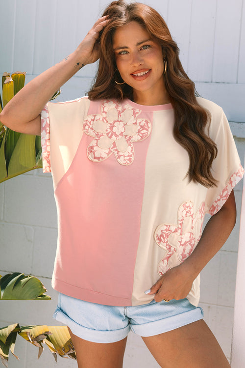 Beige Colour Block Flower Patch Loose T-Shirt | Casual Top