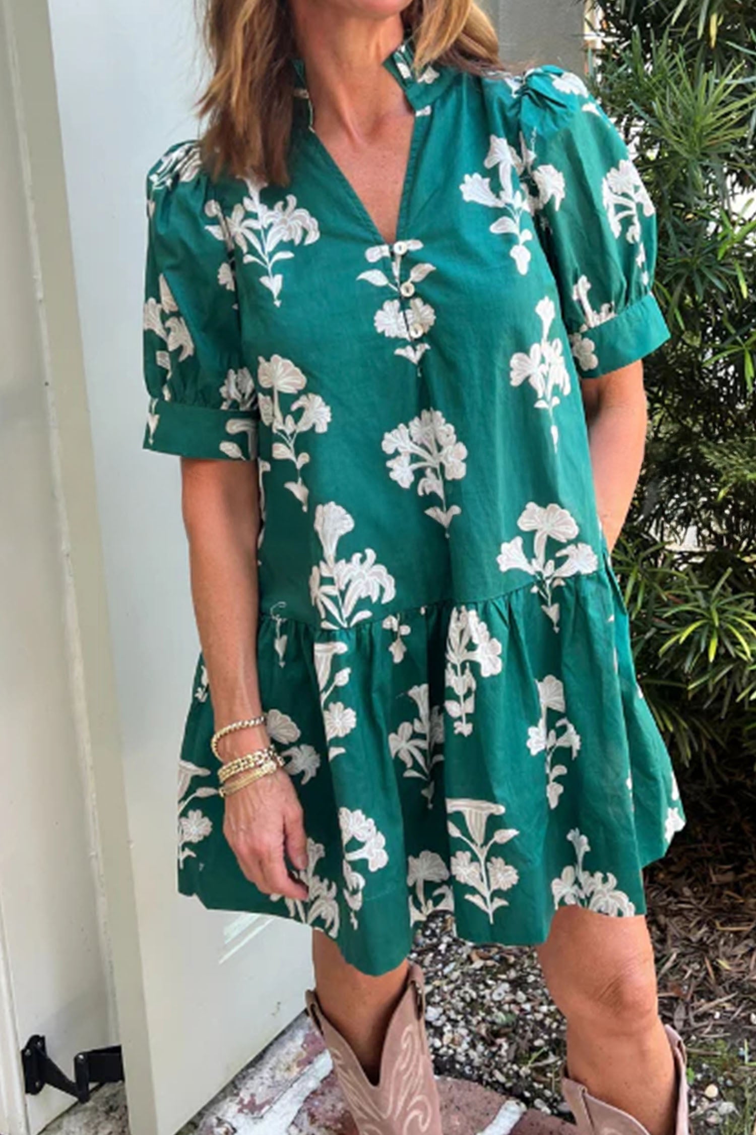 Frilled V Neck Puff Sleeve Floral Mini Dress | Black & Green | UK 8–16