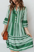 Green Boho Ethnic Print Casual Dress Half Button 3/4 Sleeve Women S-XL