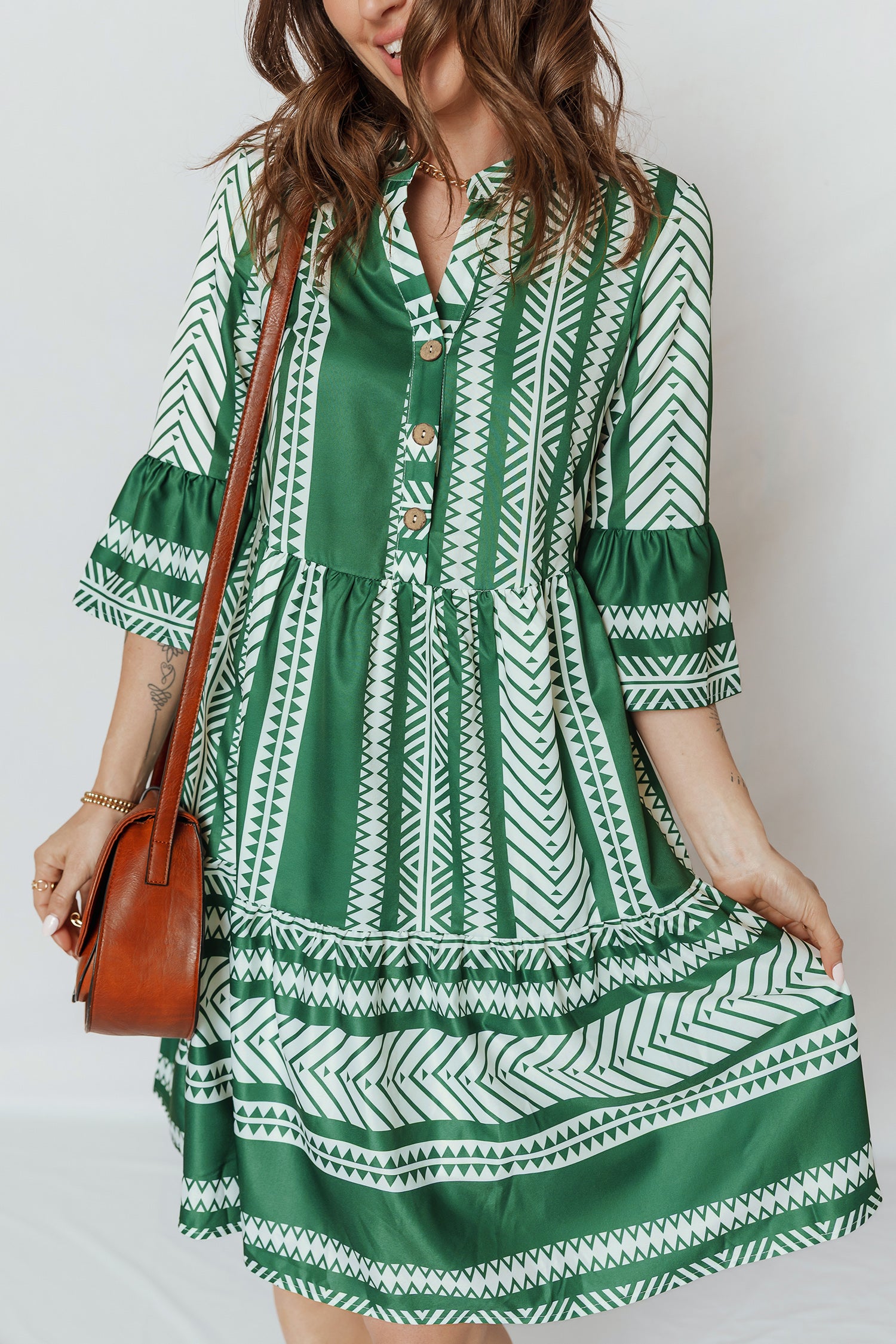 Green Boho Ethnic Print Casual Dress Half Button 3/4 Sleeve Women S-XL
