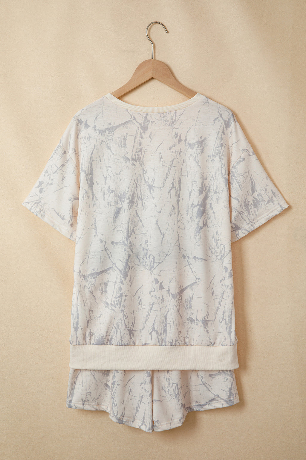 Abstract Print V-Neck Loose Tee & Drawstring Shorts Co-ord | Khaki & Pink