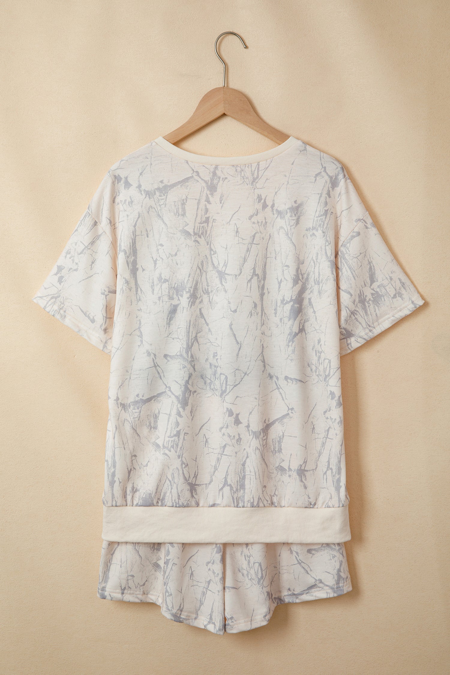 Abstract Print V-Neck Loose Tee & Drawstring Shorts Co-ord | Khaki & Pink