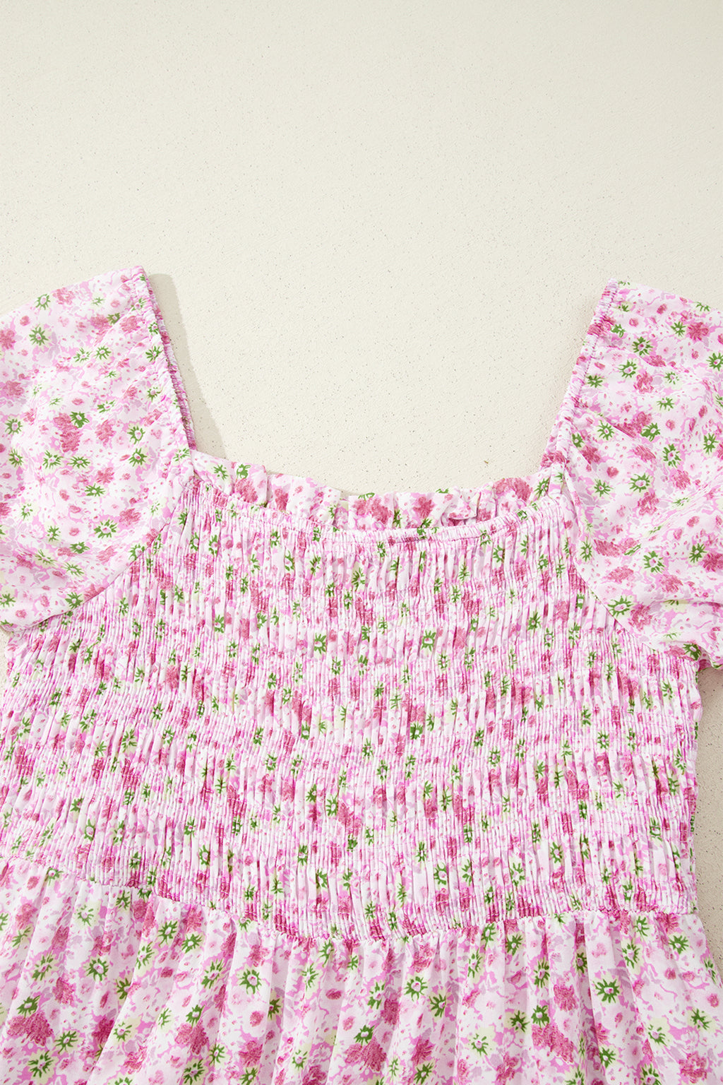 Floral Maxi Dress Bubble Sleeve Shirred High Waist | Pink & Green