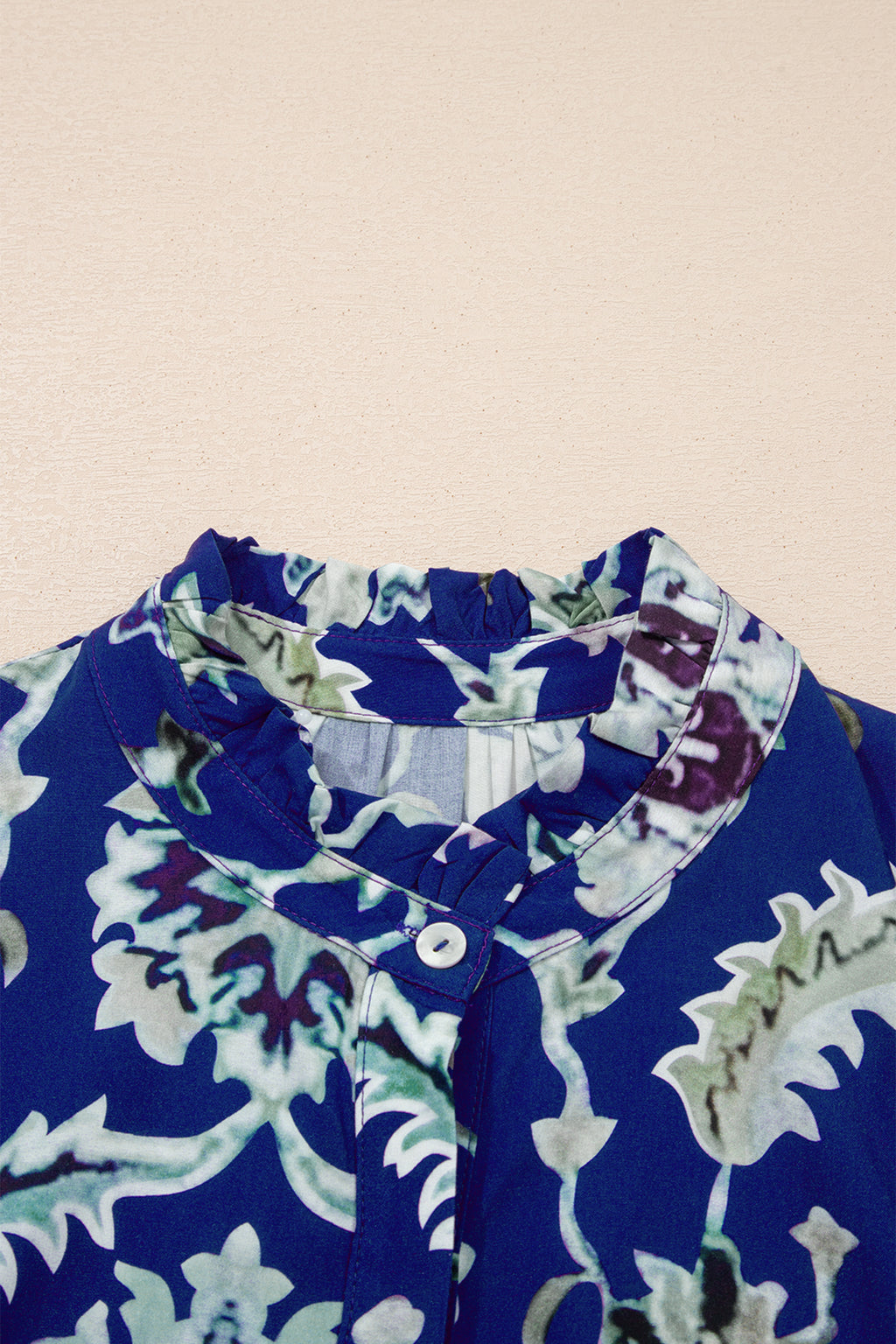 Women's Blue Wild Floral Print Frilled Collar Puff Sleeve Midi Dress at LivelyLooks