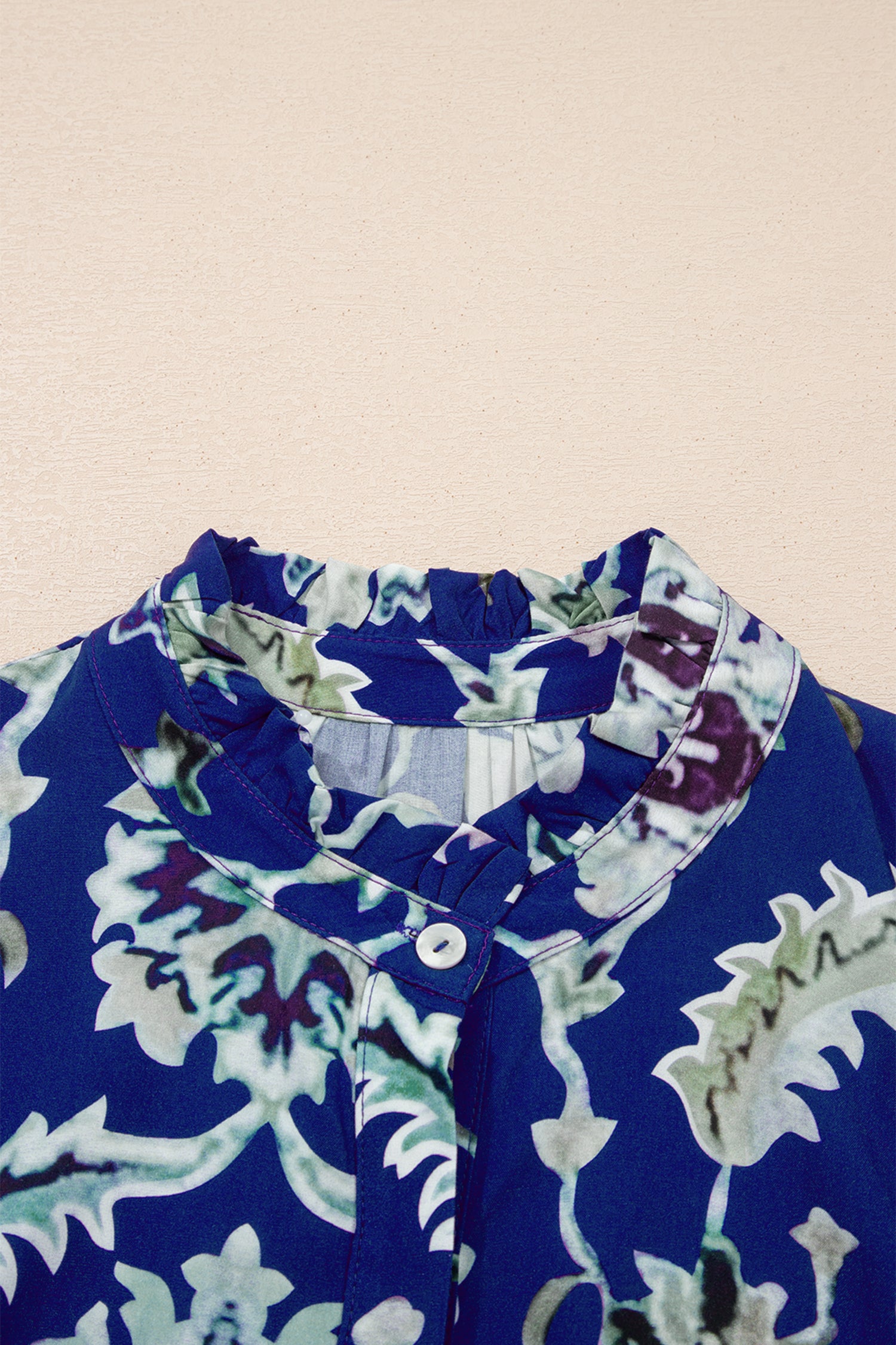 Women's Blue Wild Floral Print Frilled Collar Puff Sleeve Midi Dress at LivelyLooks