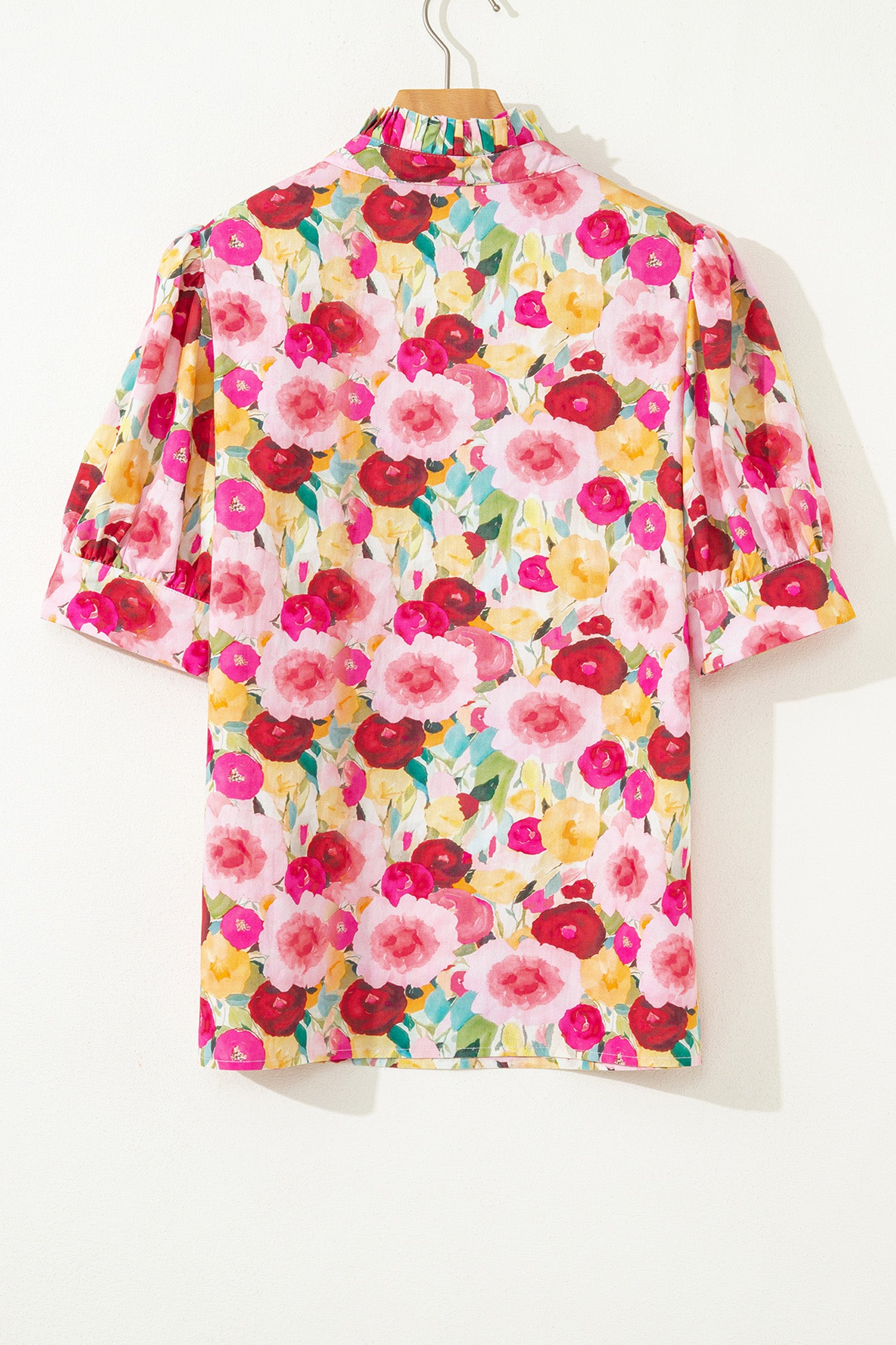 Pink Floral Frilled V Neck Puff Sleeve Blouse