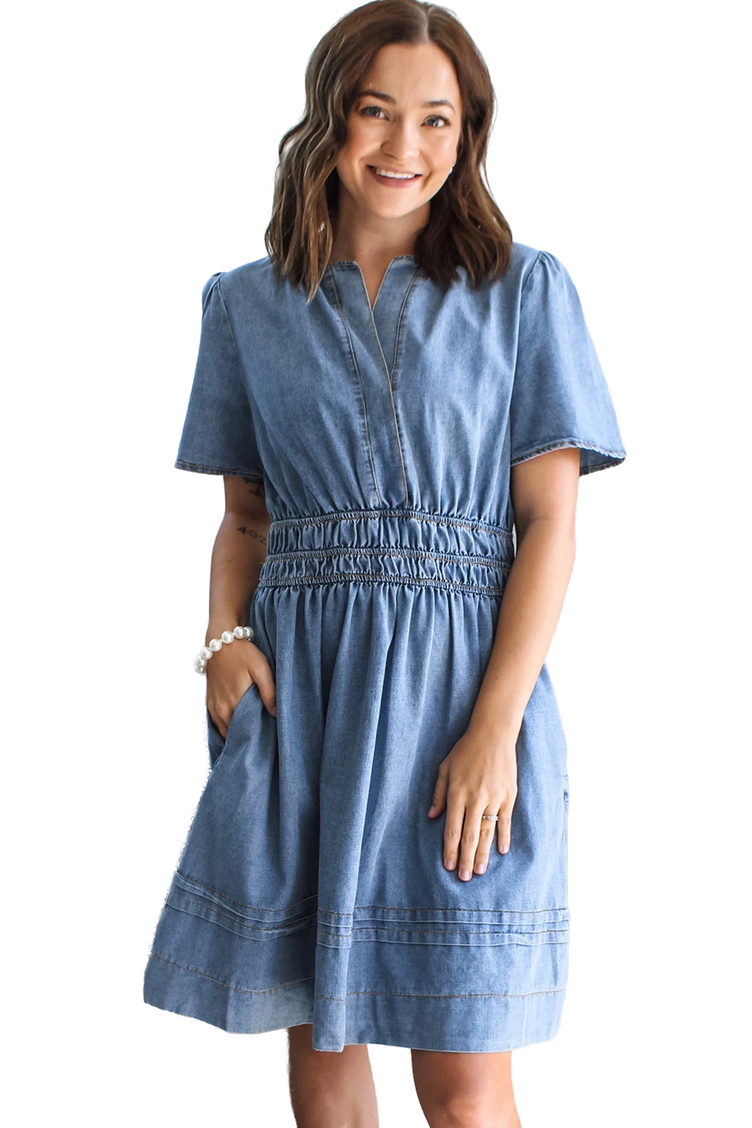Blue Denim Elastic Waist Short Sleeve Mini Dress S-XL