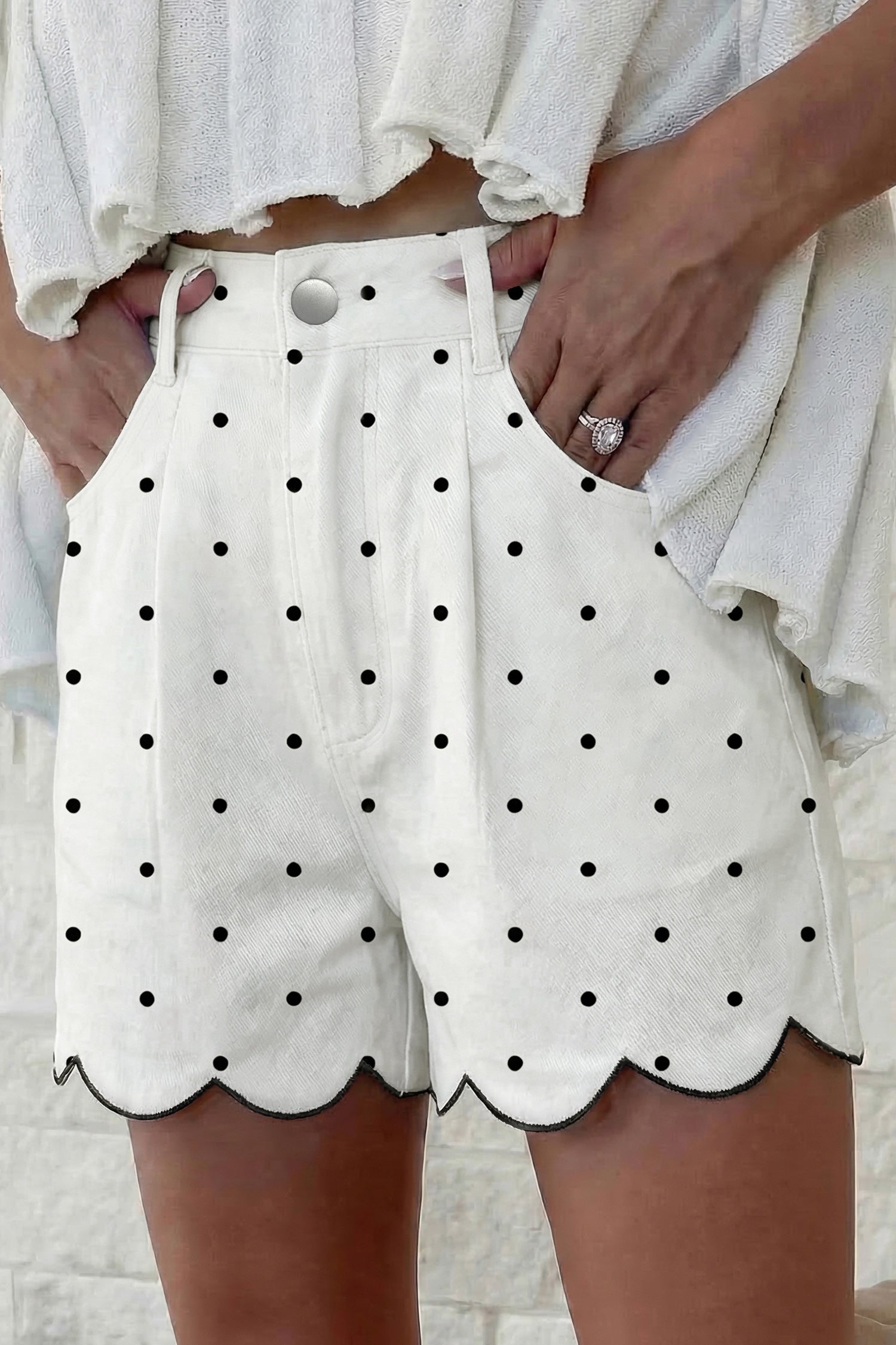 Women's White Polka Dot Embroidered Scallop Hem Shorts | UK 8-20 at LivelyLooks