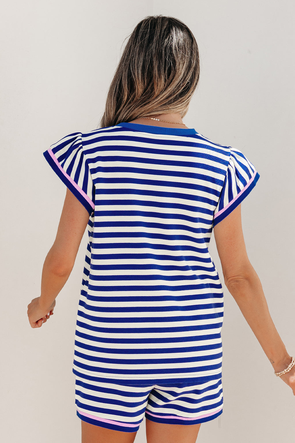 Striped Contrast Trim Cap Sleeve Top & Shorts Set – Blue