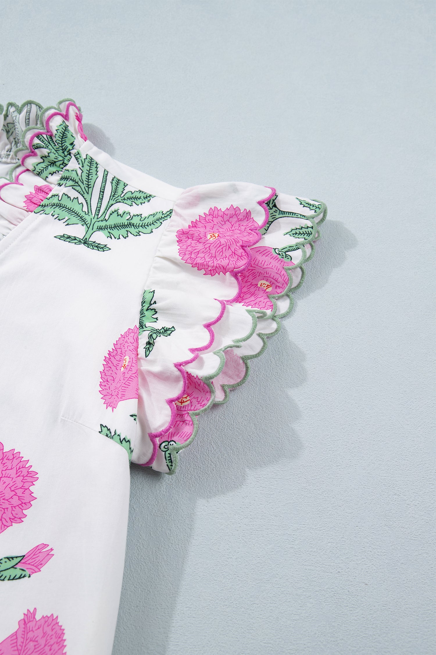 Wild Floral Mini Dress Scalloped Embroidery Trim V Neck Drop Waist White Sky Blue S-XL
