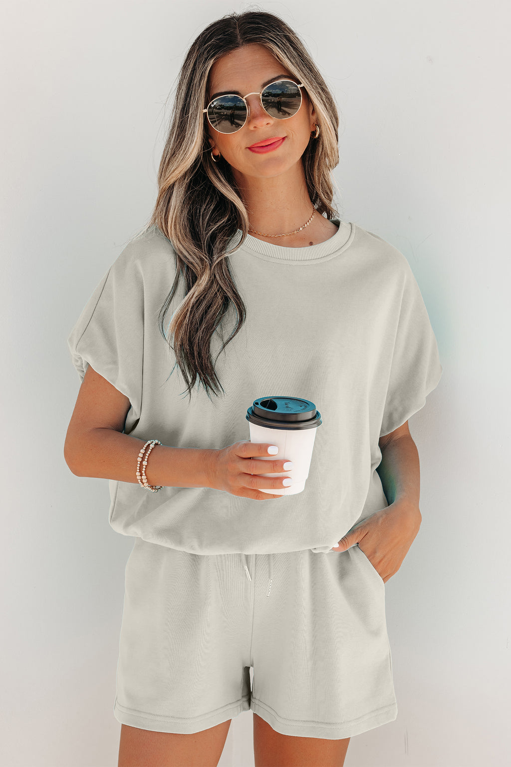 Puffy Loose Top & Drawstring Shorts Set – Smoke Grey & Light Blue