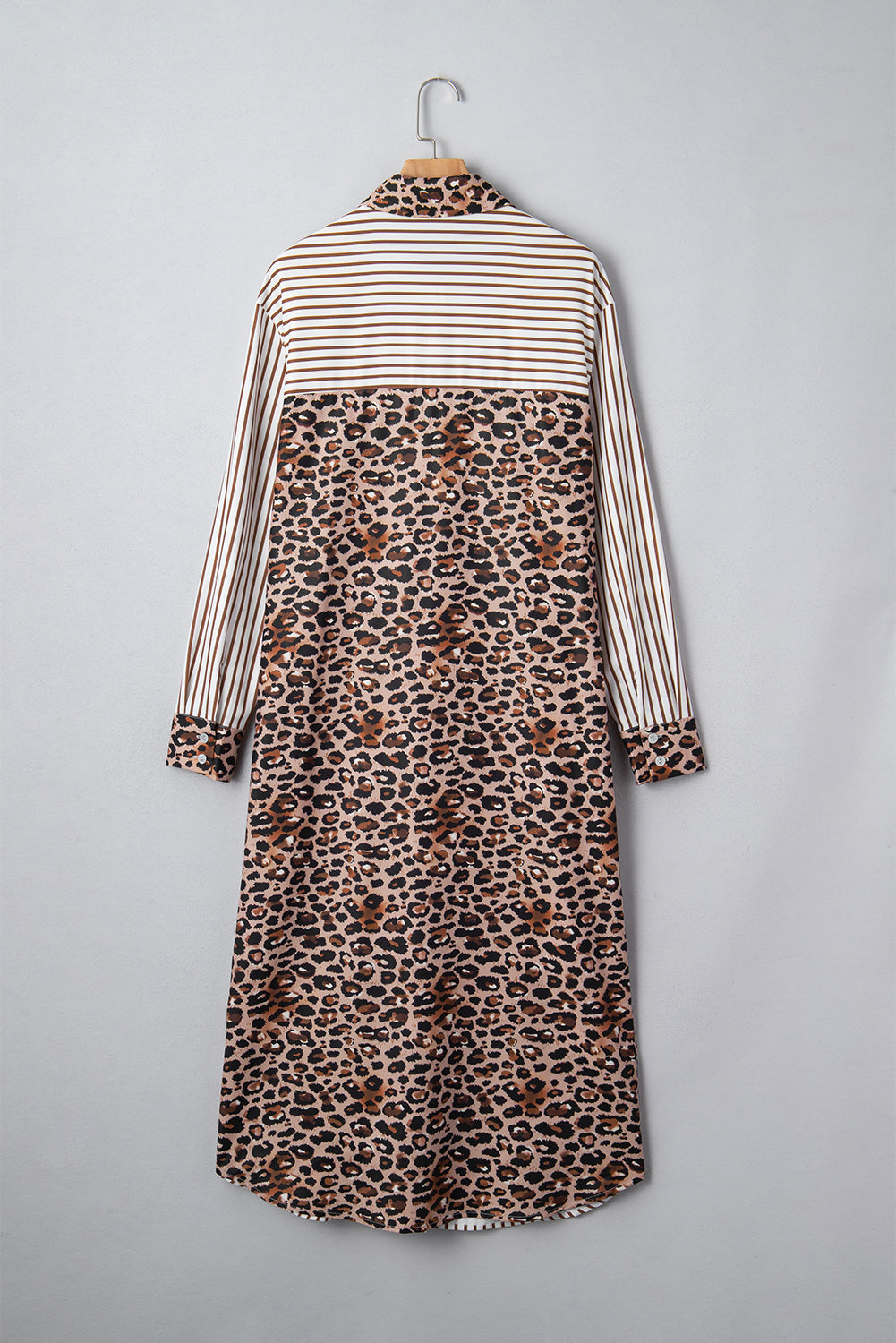 Women's Brown Stripe Contrast Leopard Patchwork Long Shirt Dress with Slits at LivelyLooks