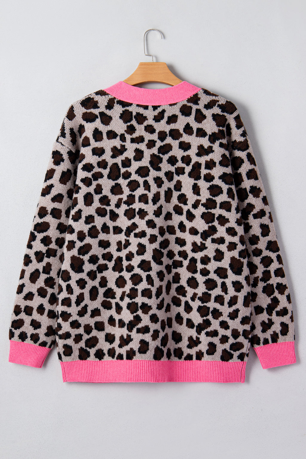 Khaki Leopard Print Colourblock Trim Button Down Oversized Cardigan