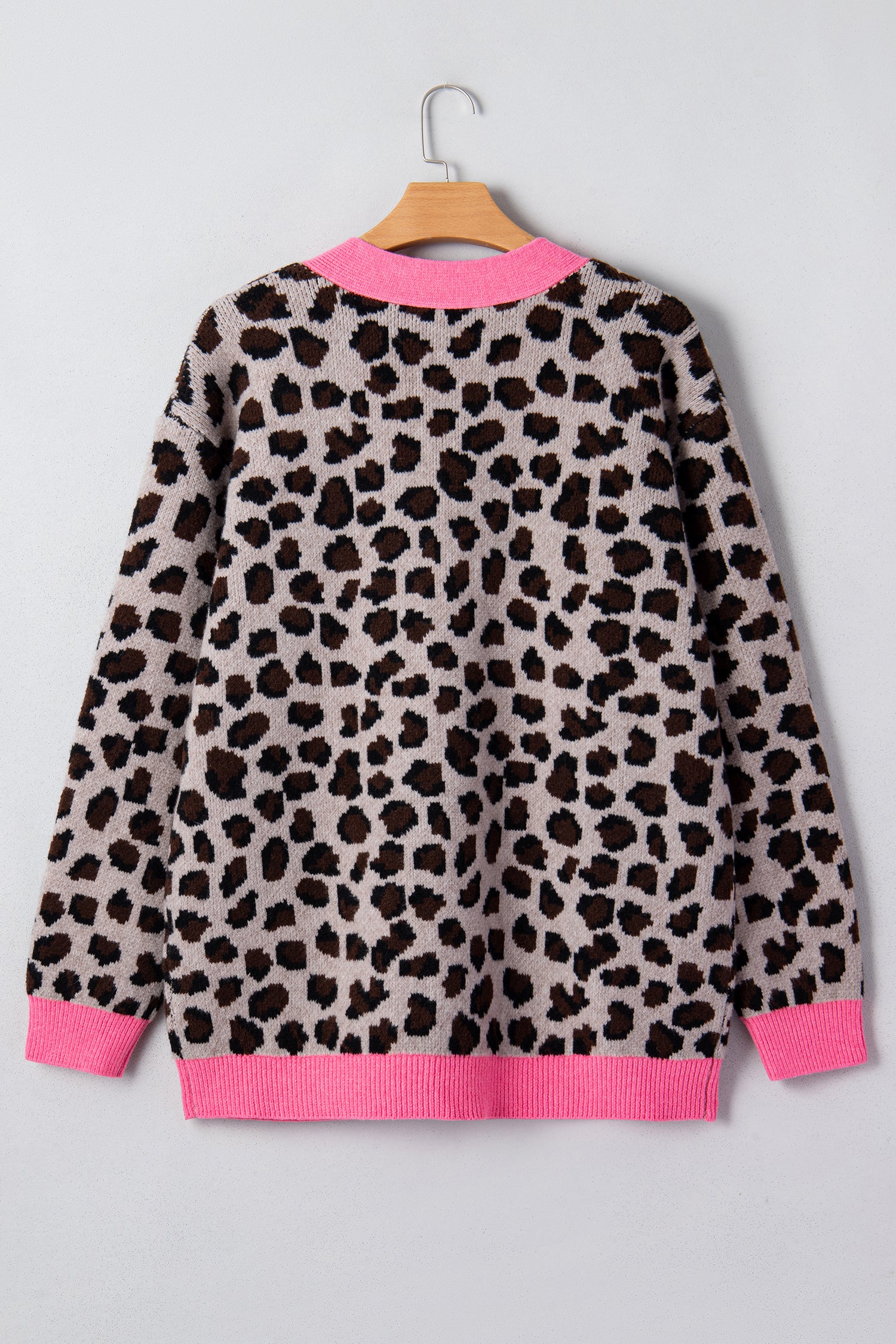 Khaki Leopard Print Colourblock Trim Button Down Oversized Cardigan